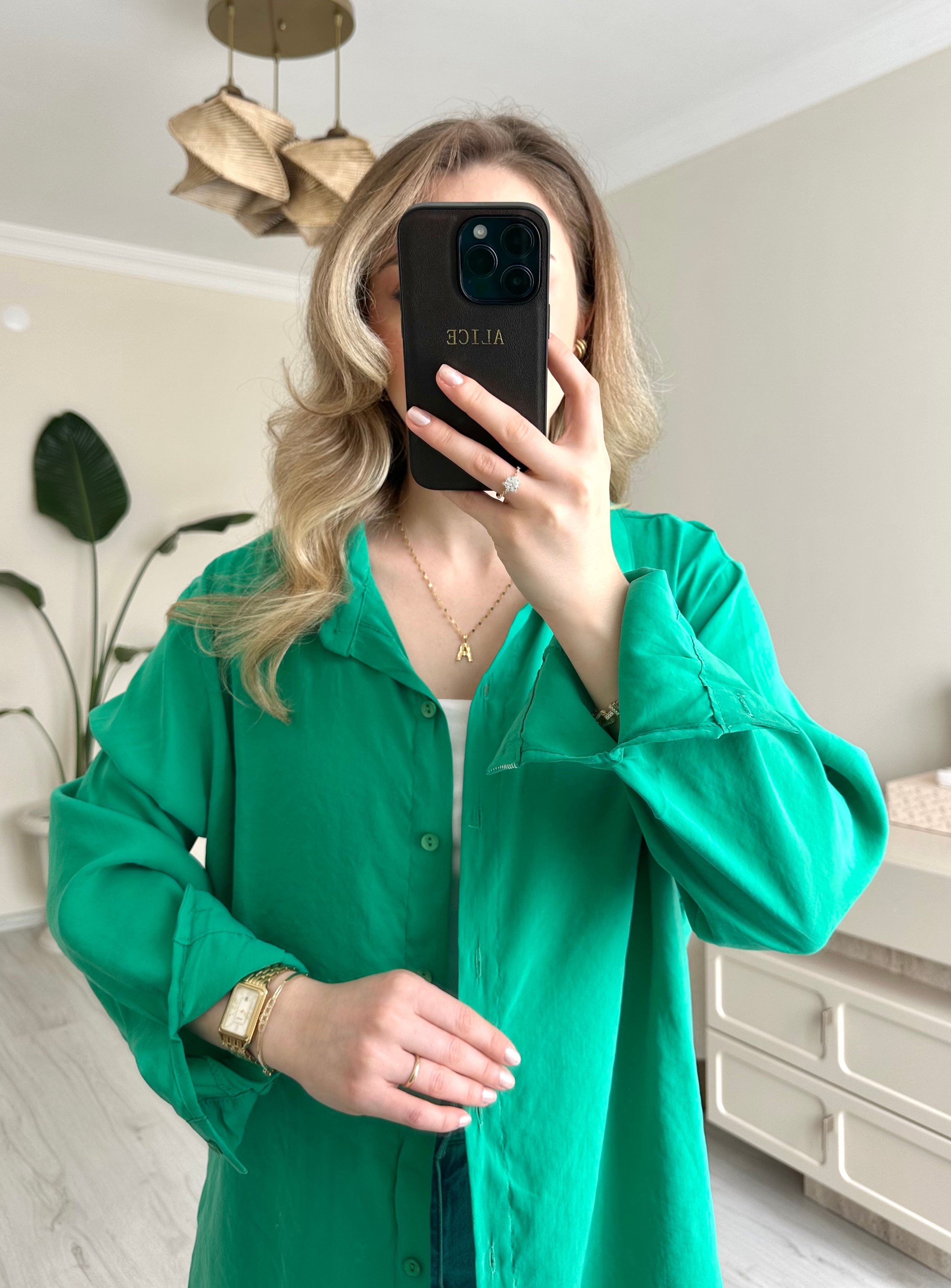 Bennetton Yeşili Tensel Oversize Tiril Gömlek