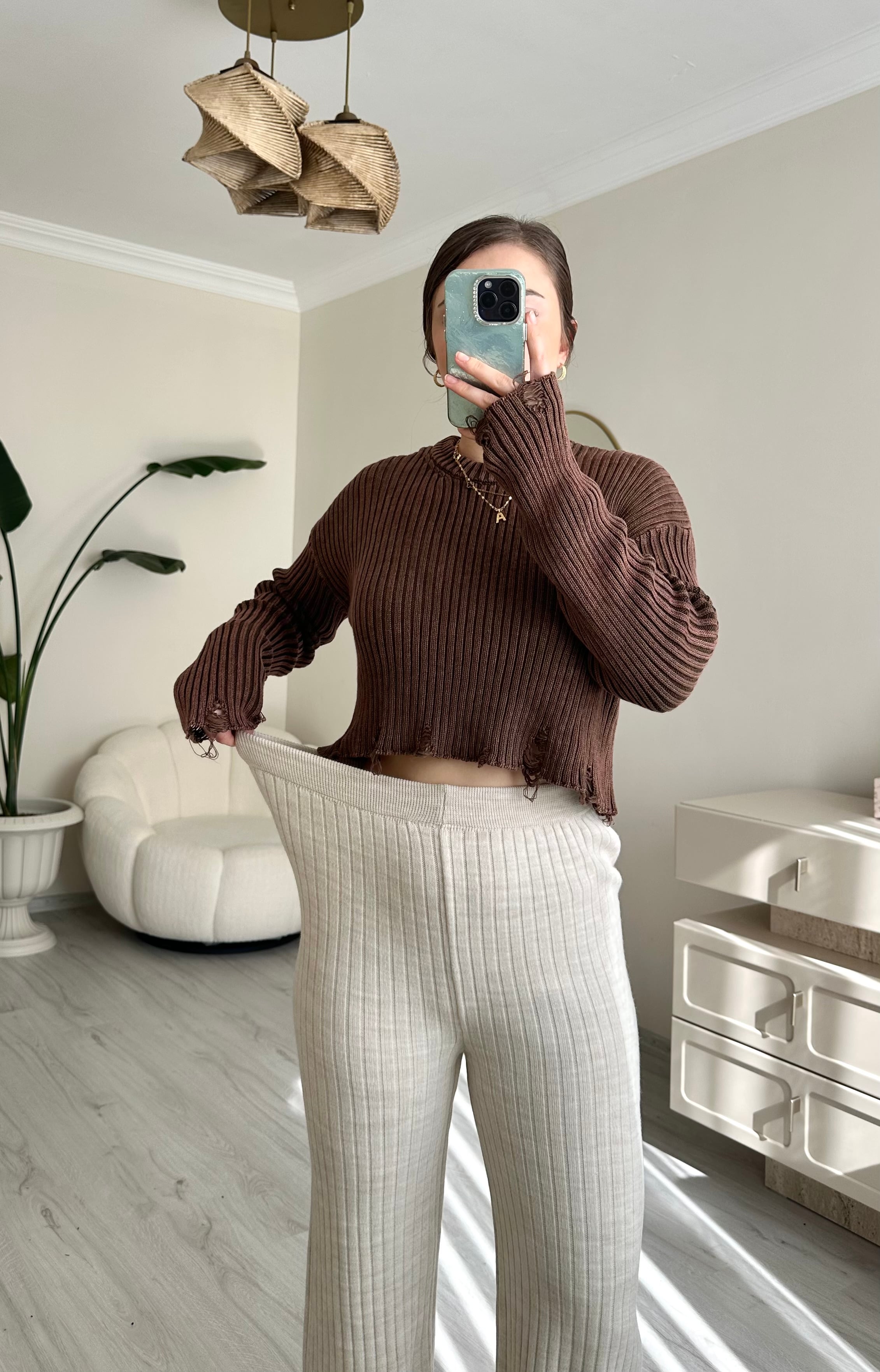 Fitilli Triko Likralı Krem Pantolon