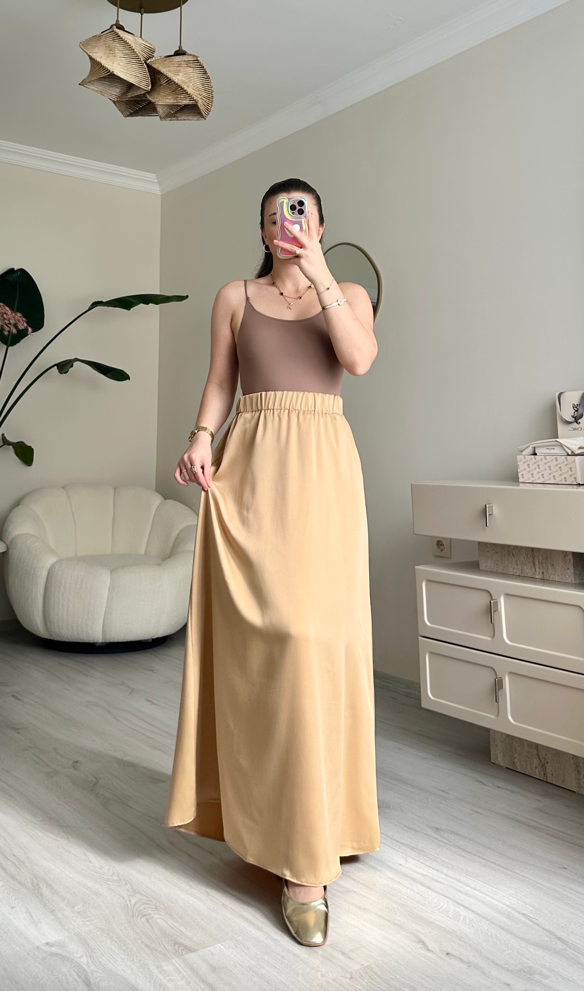Saten Maxi Boy Beli Lastikli Etek - Sütlü Kahve