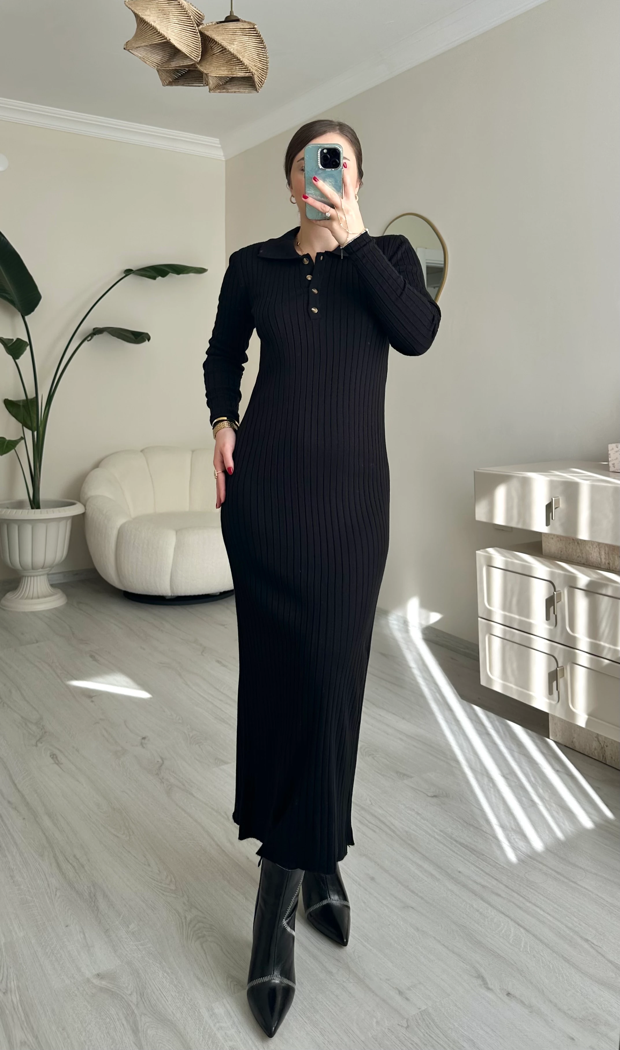 Polo Yaka Düğmeli Likralı Triko Elbise - Siyah