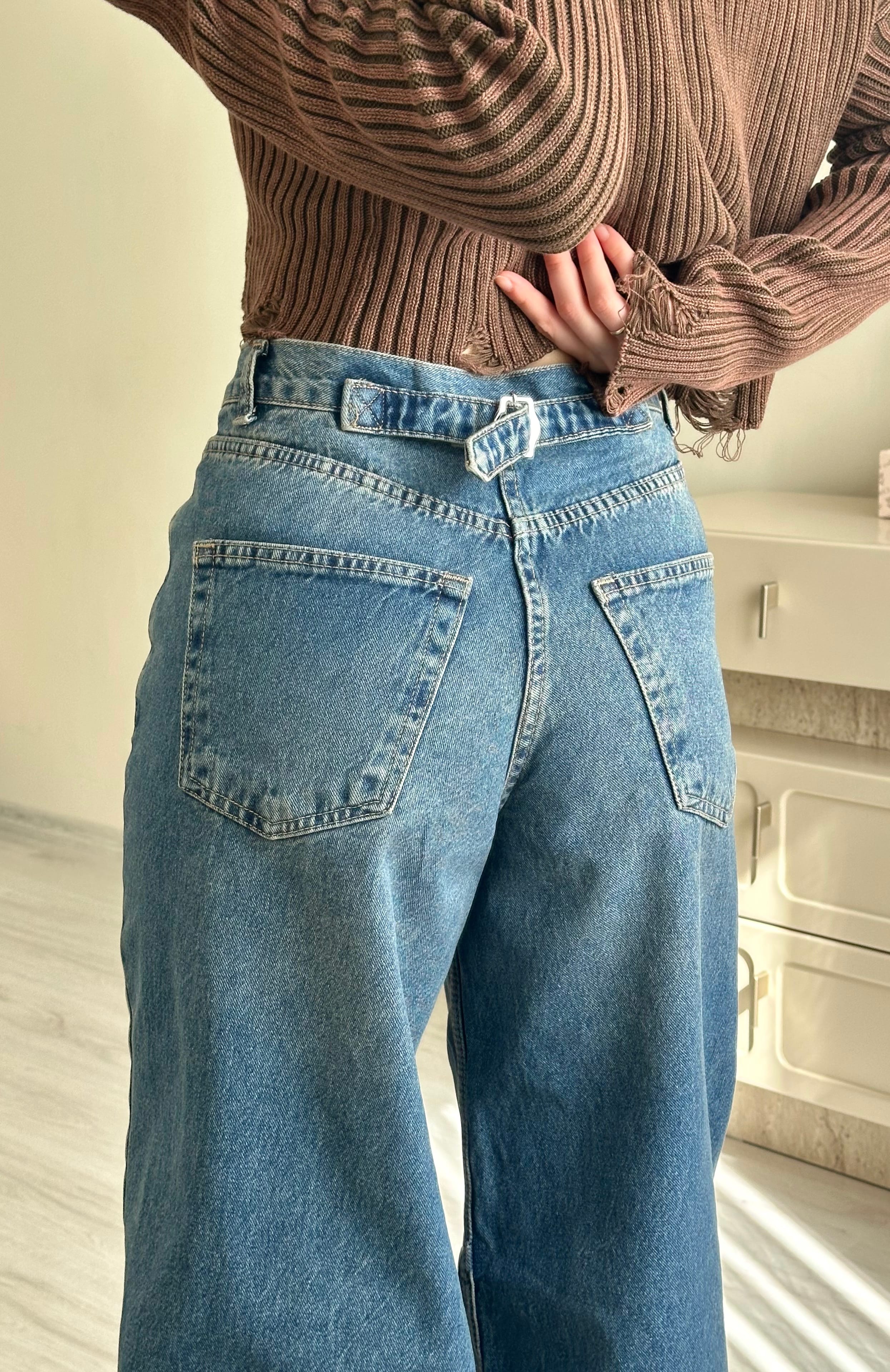 Bel Kemer Detay Boyfriend Yıkamalı Baggy Jean