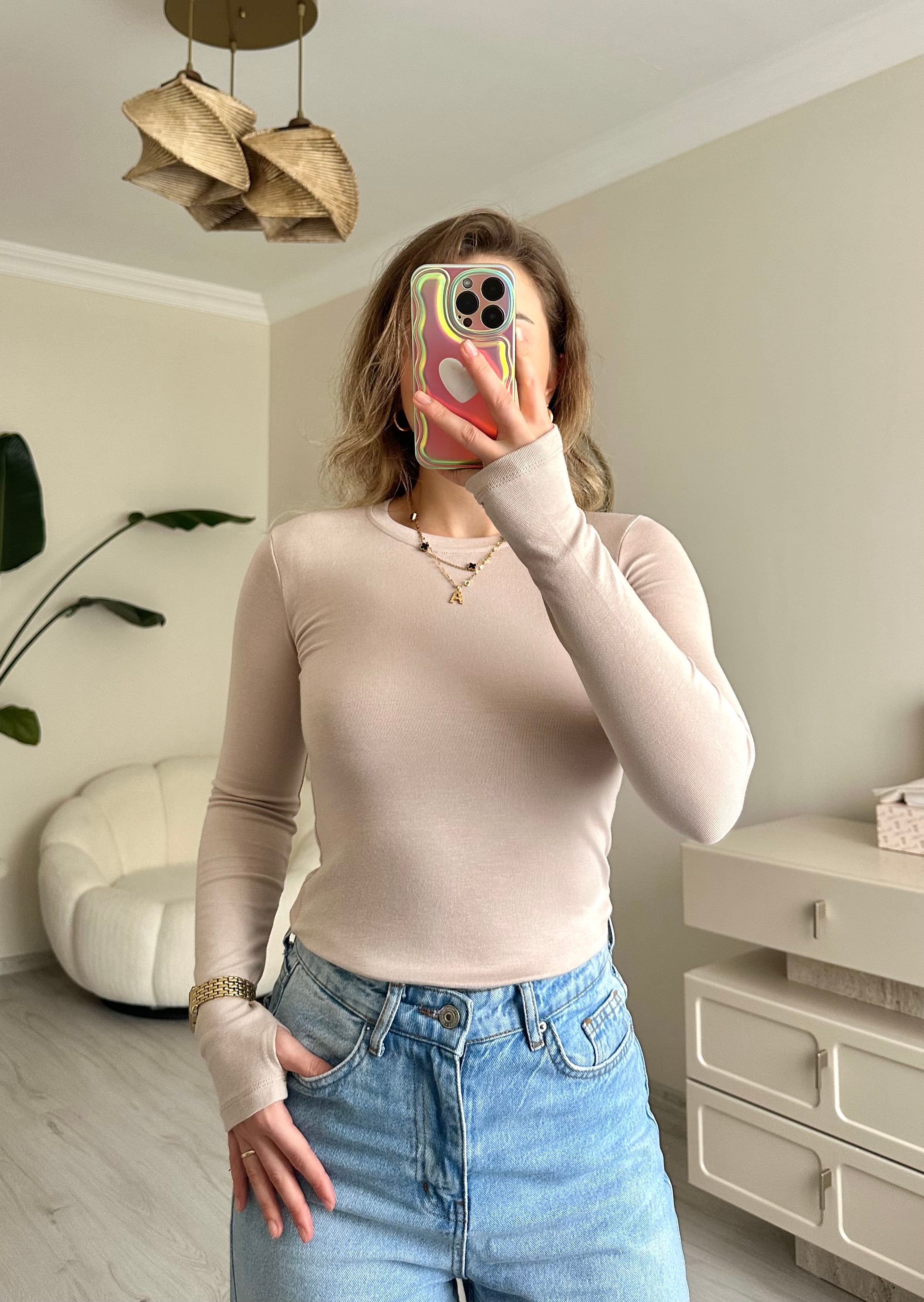 Uzun Kol Likralı Parmak Geçmeli Slim Body - Vizon