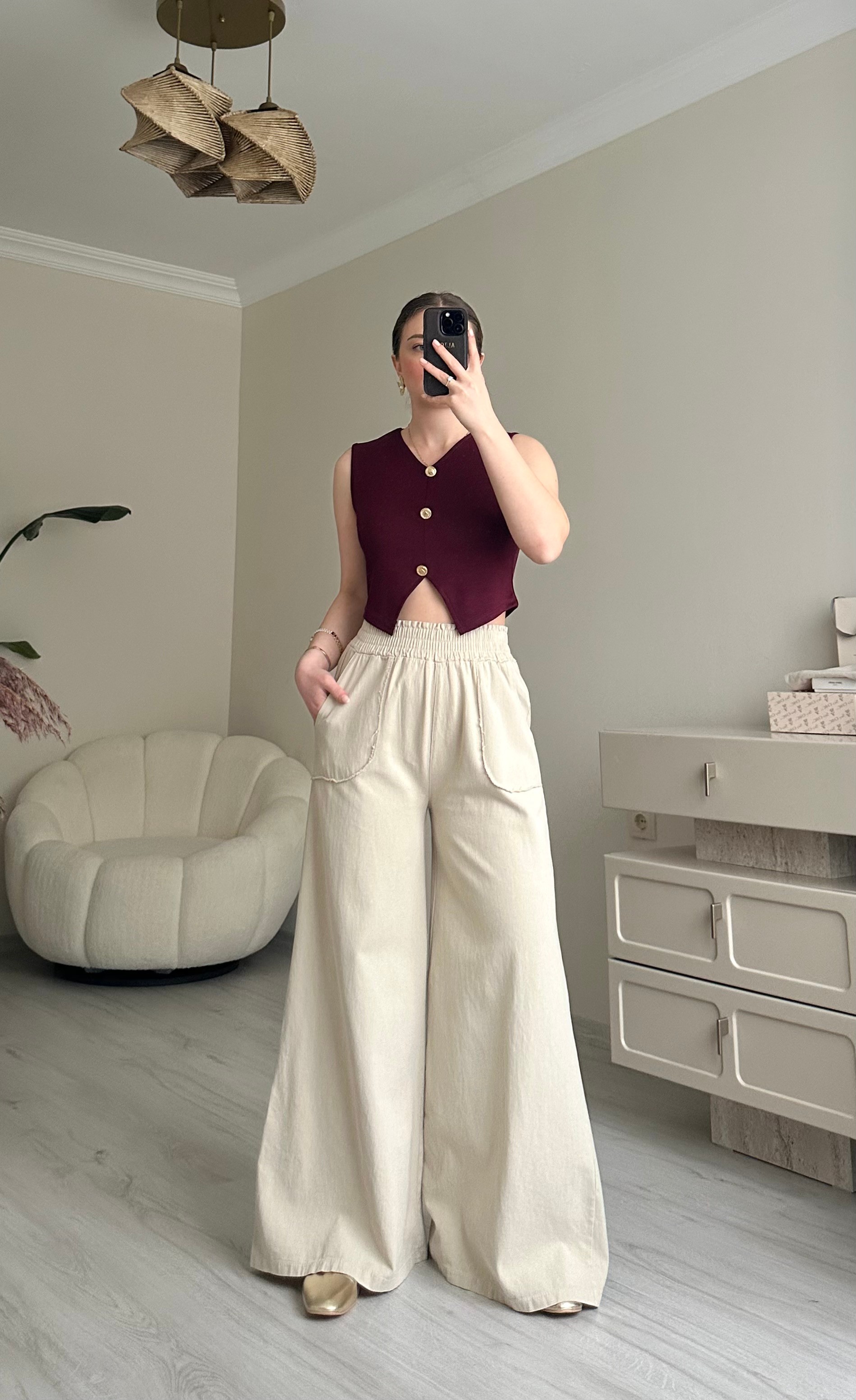 Gabardin Maxi Bol Paça Pantolon - Krem
