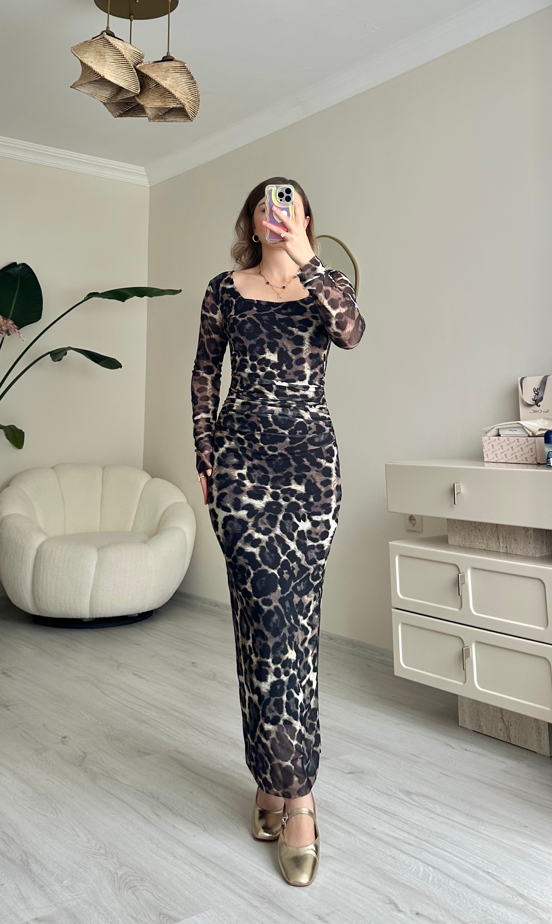 Tüllü Likralı Kare Yaka Midi Boy Elbise - Siyah Leopar