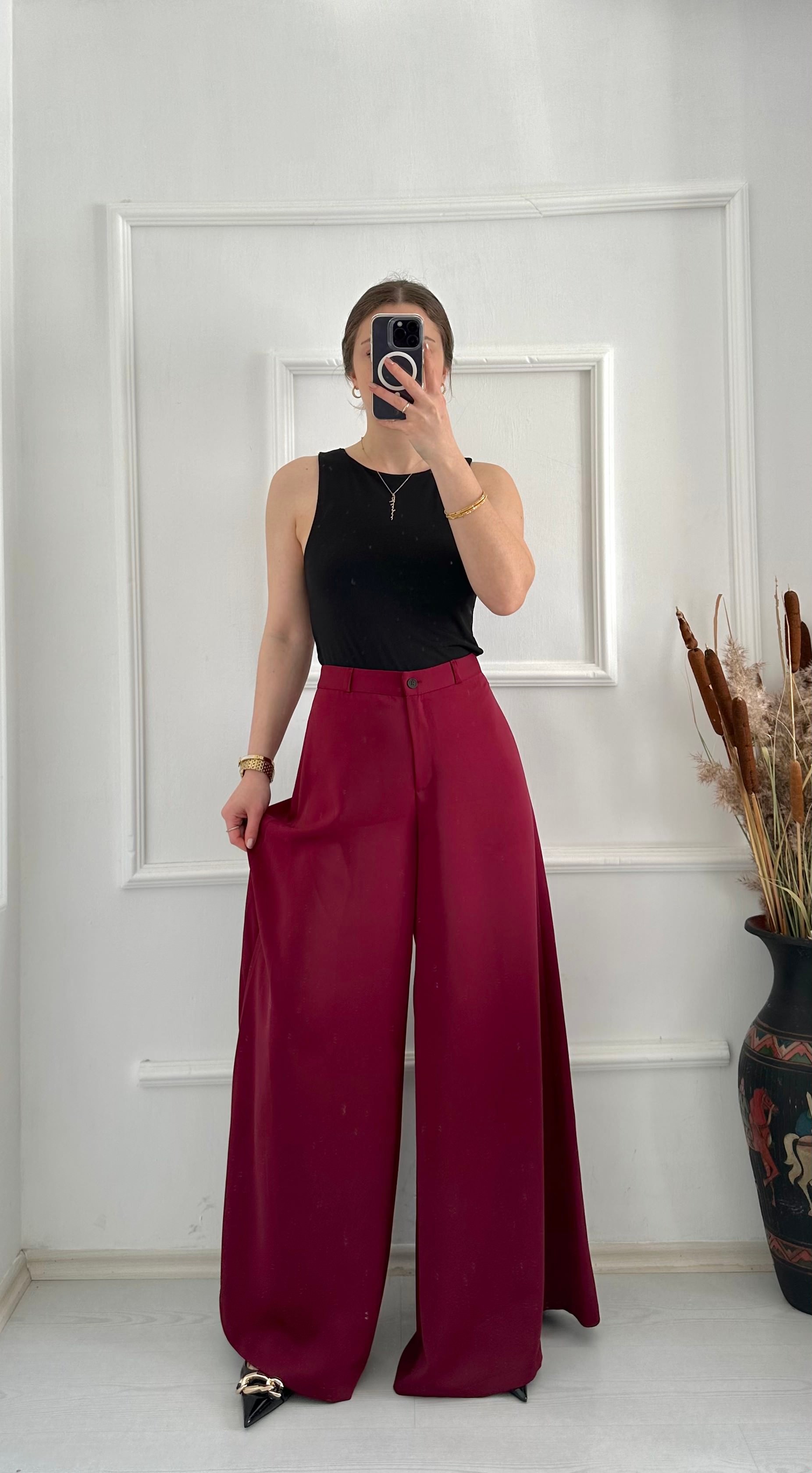 Saten Maxi Bol Paça Pantolon - Bordo