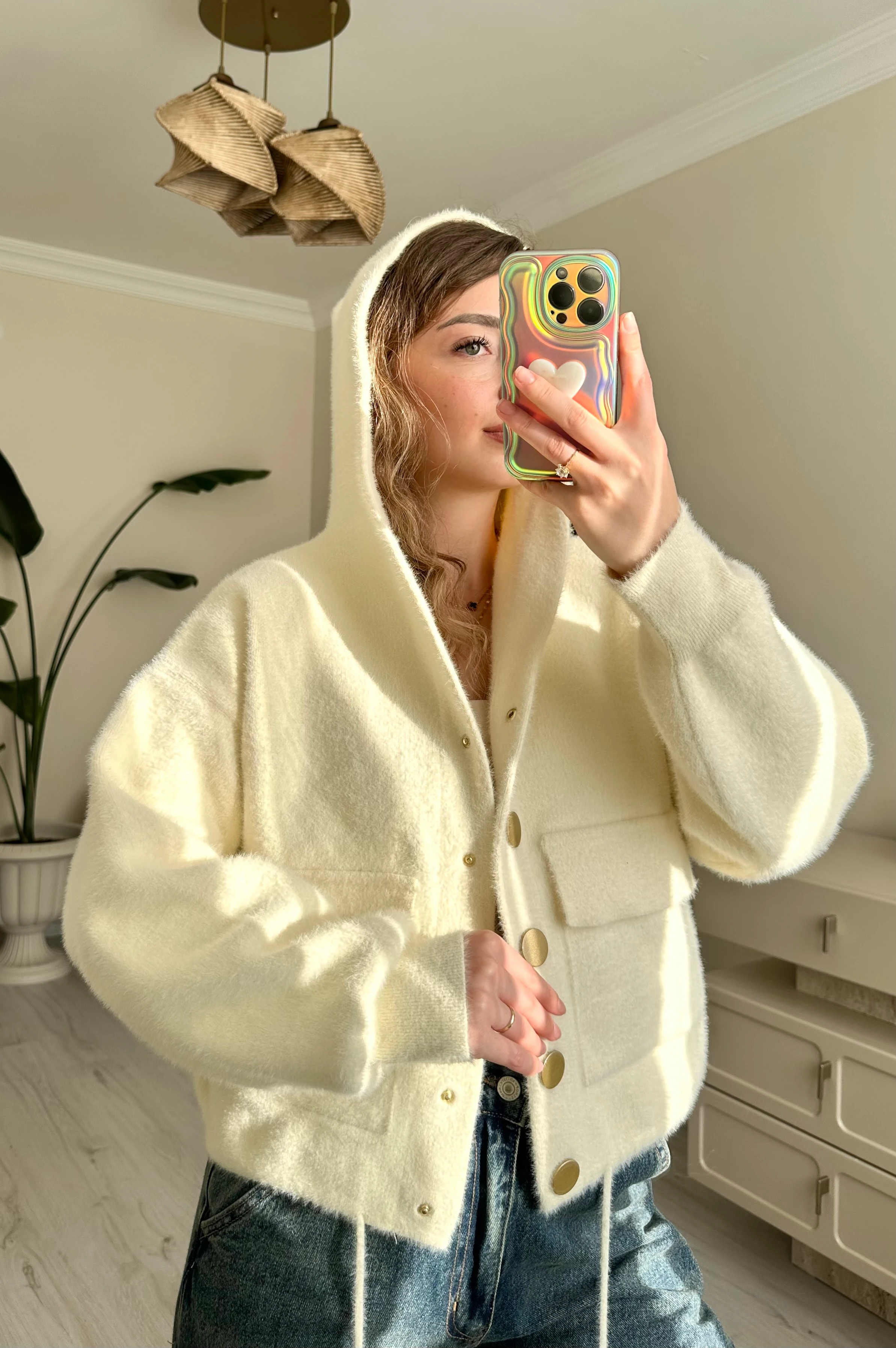 Premium Kapşonlu Gold Düğme Detay Sakallı Ceket