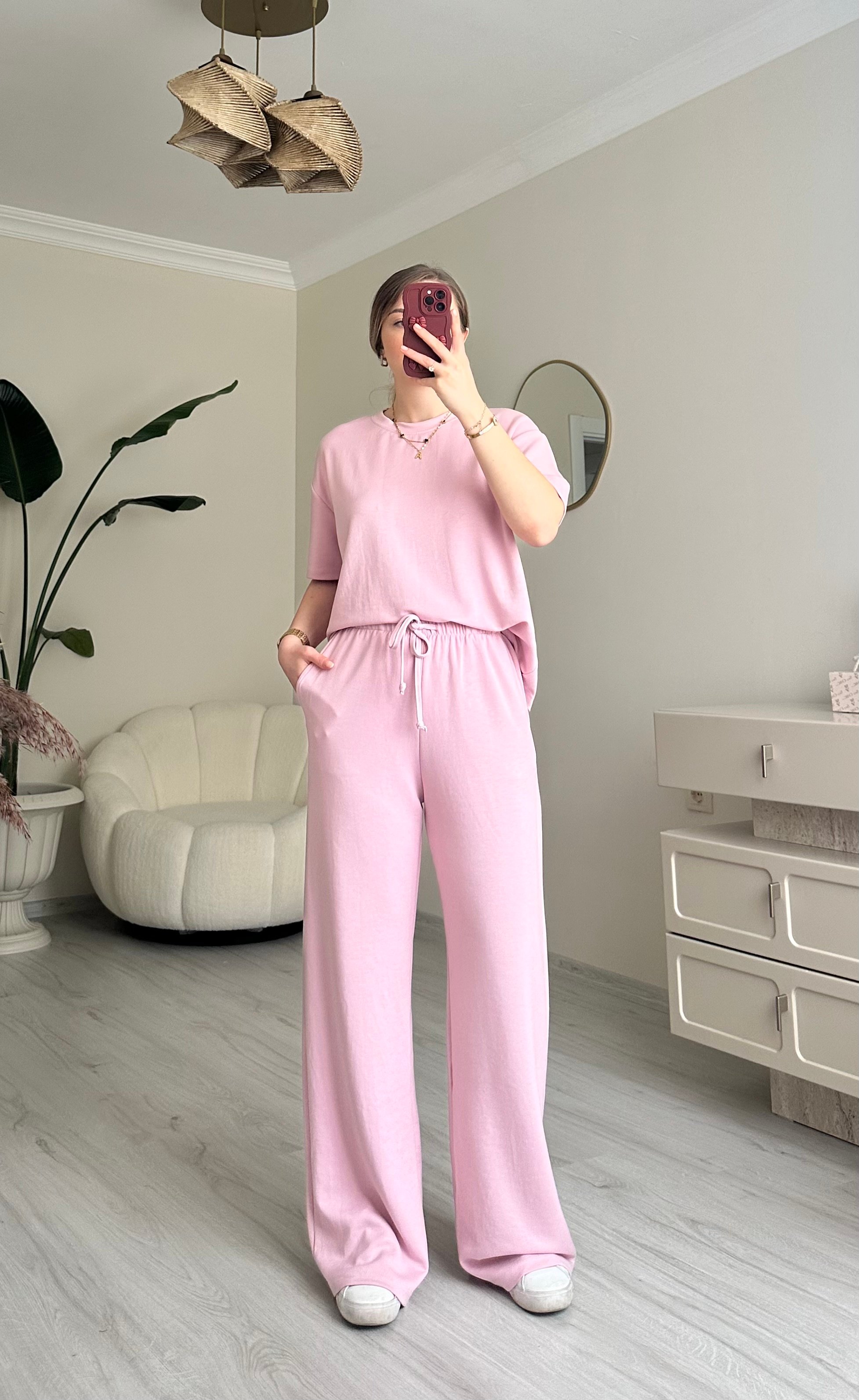 Lily Soft Modal Kumaş Oversize Takım - Pudra Pembesi