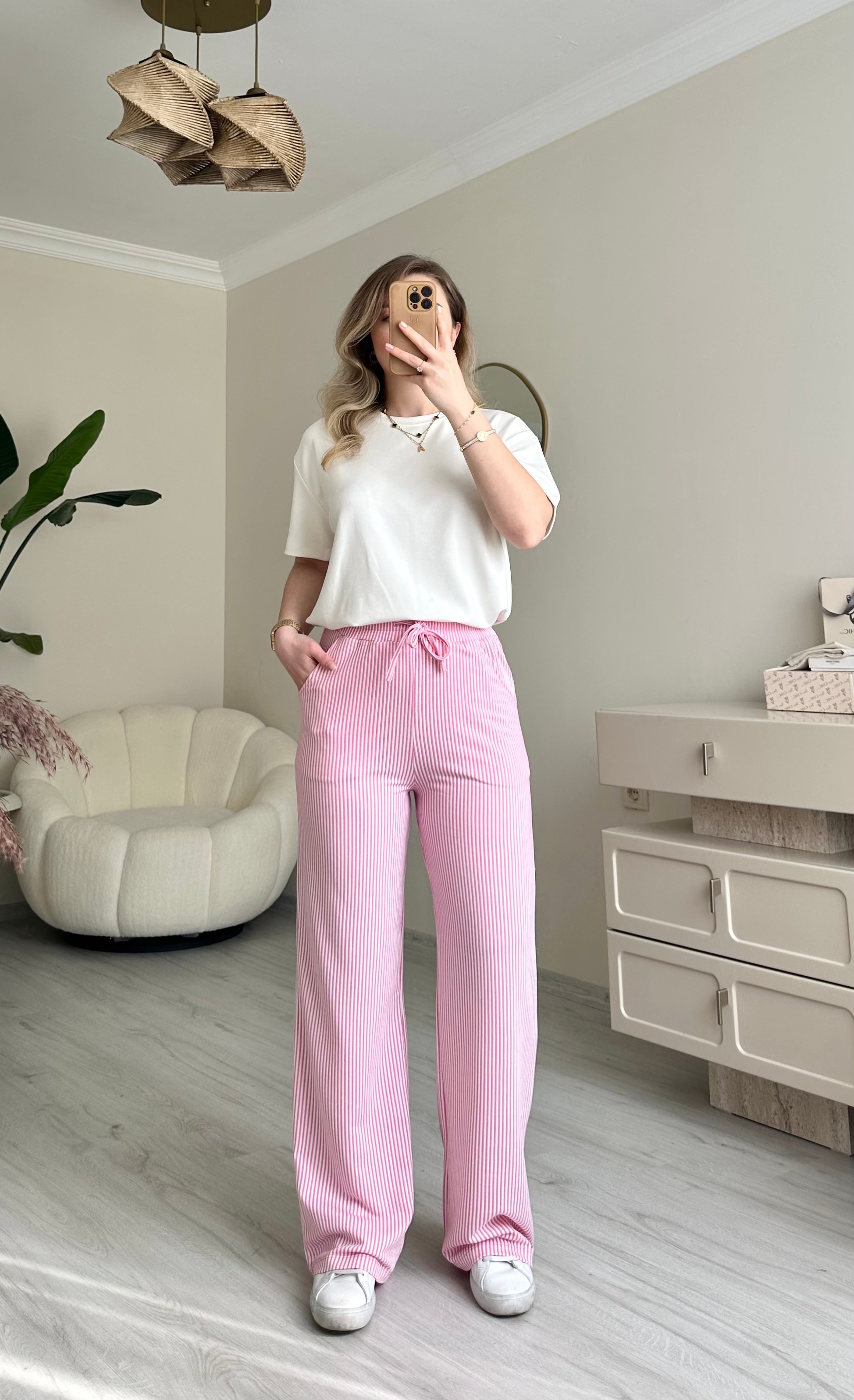 Su Yolu Beli Lastikli Palazzo Pantolon - Açık Pembe