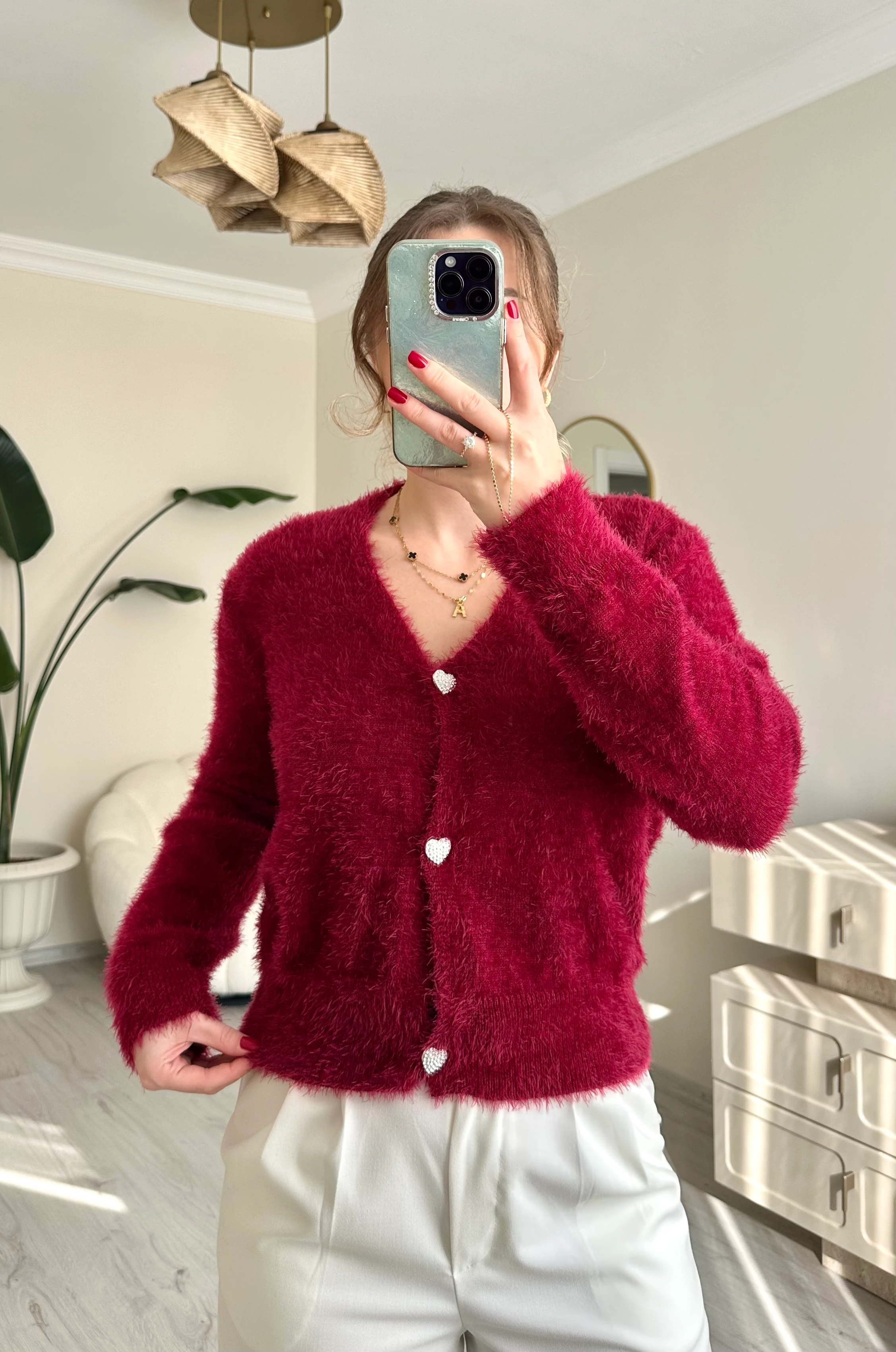 Kalp Taşlı Düğme Detay Sakallı Hırka - Bordo