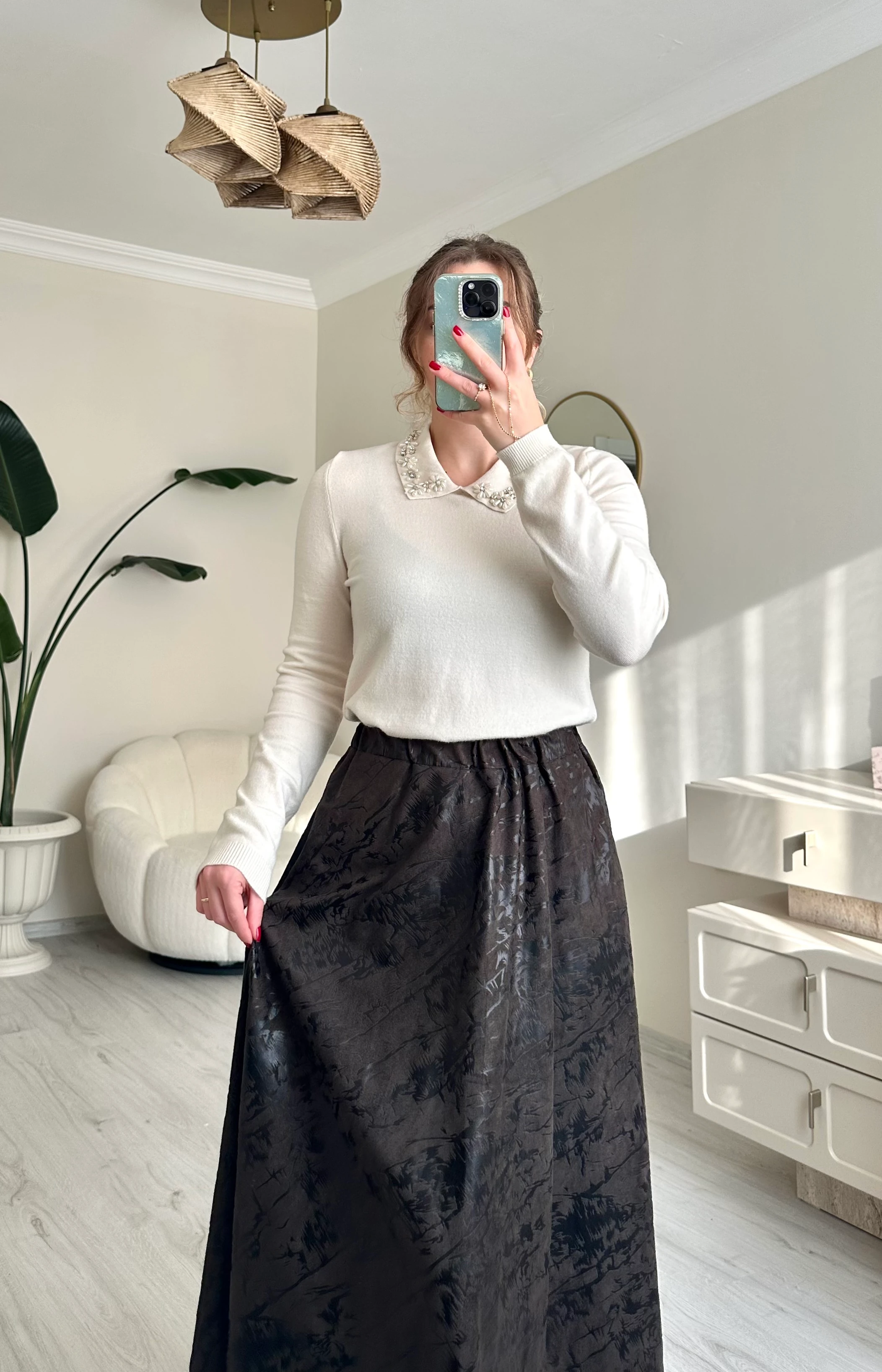 Jakarlı Beli Lastikli Desenli Kloş Etek