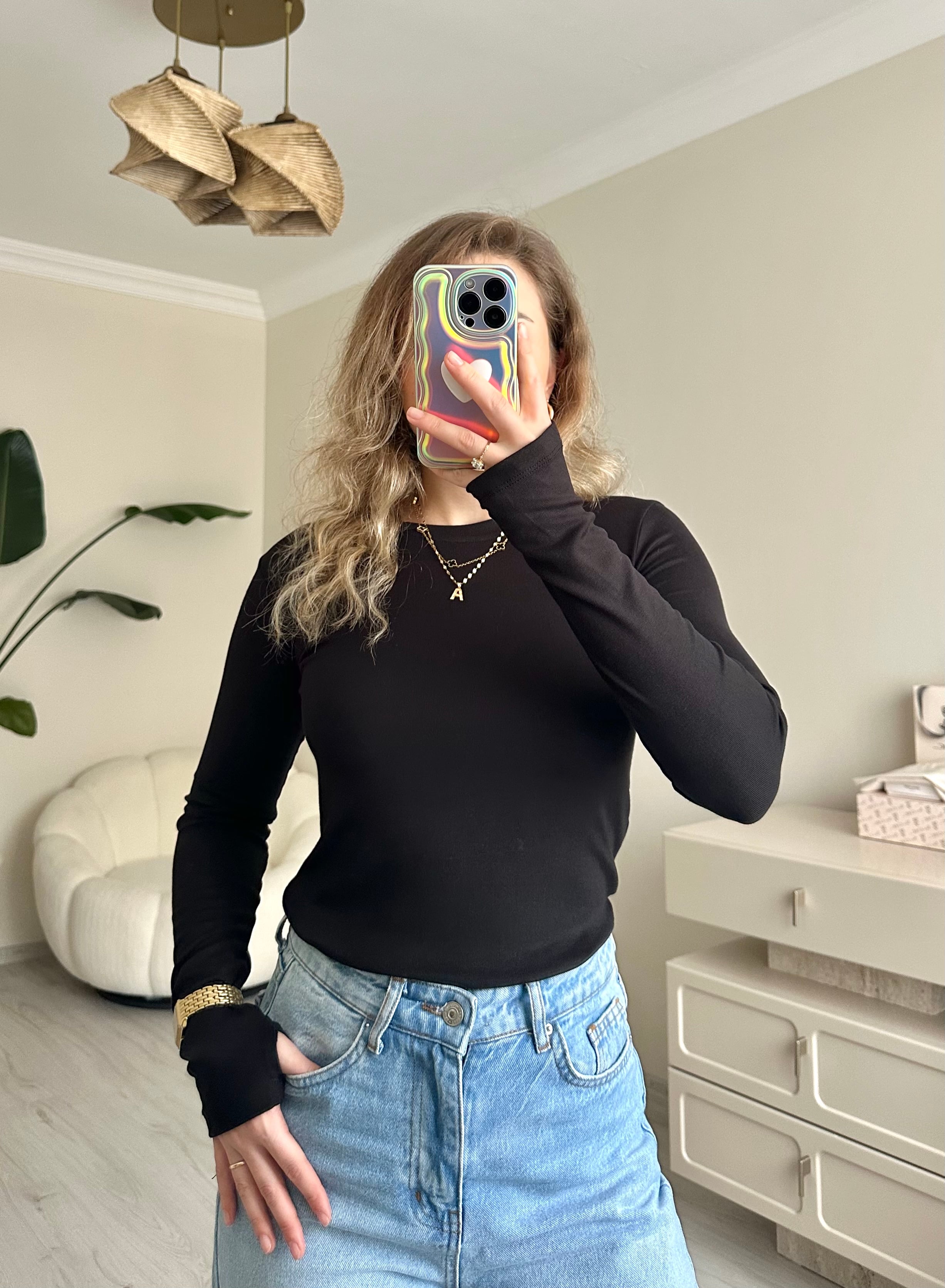 Uzun Kol Likralı Parmak Geçmeli Slim Body - Siyah