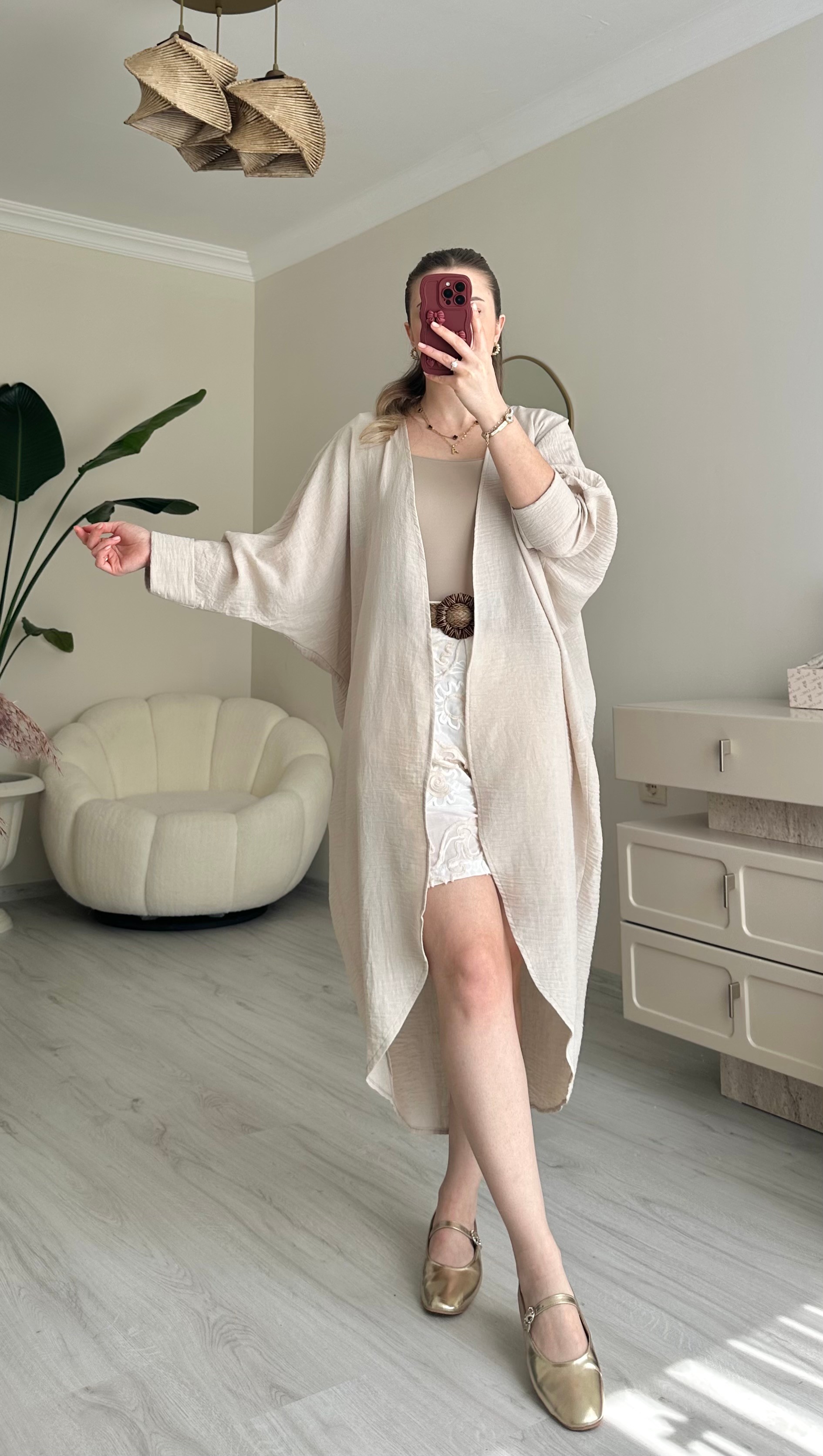 Keten Maxi Boy Oversize Kimono - Krem