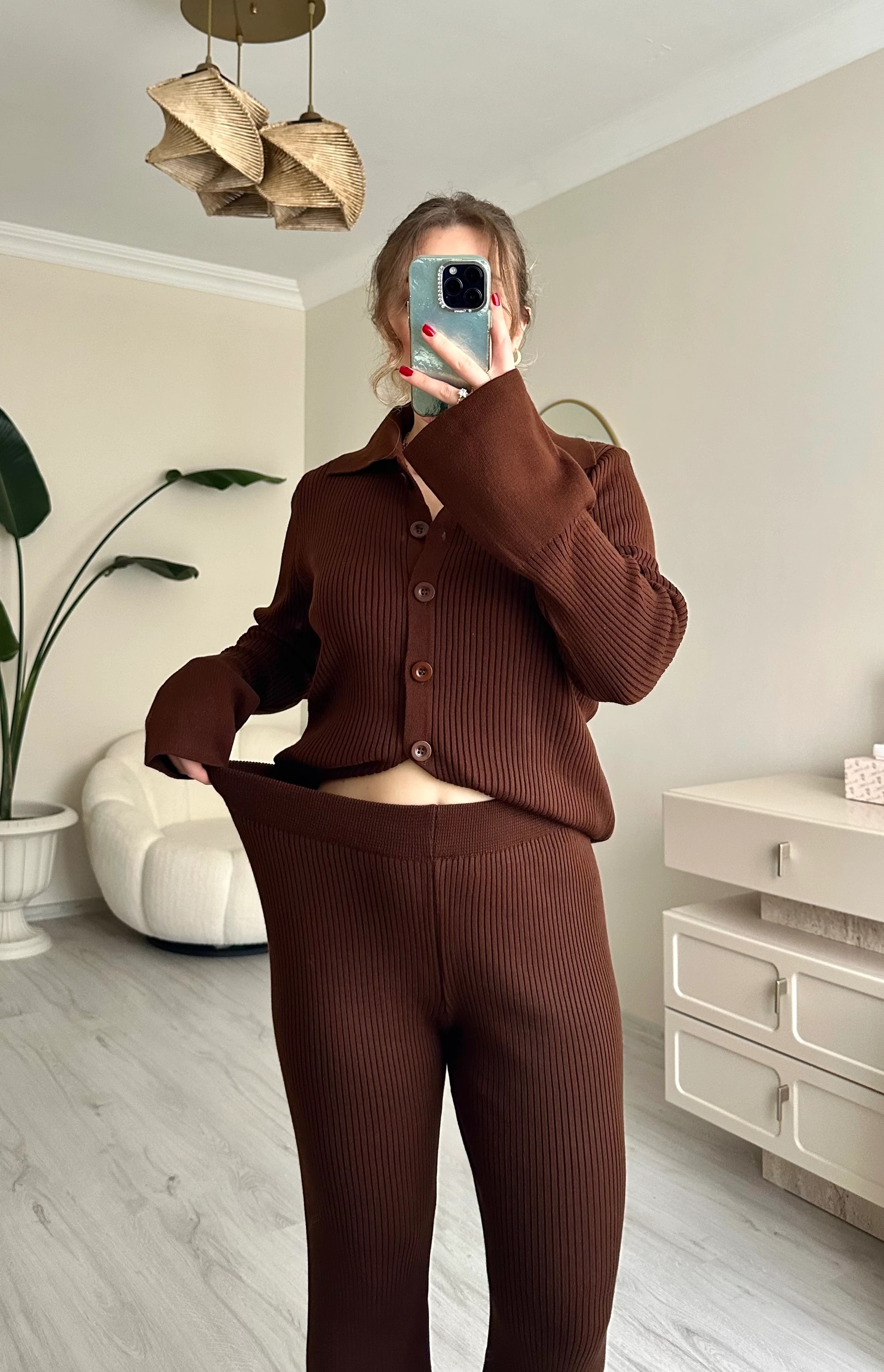 Düğmeli Triko Acı Kahve Takım