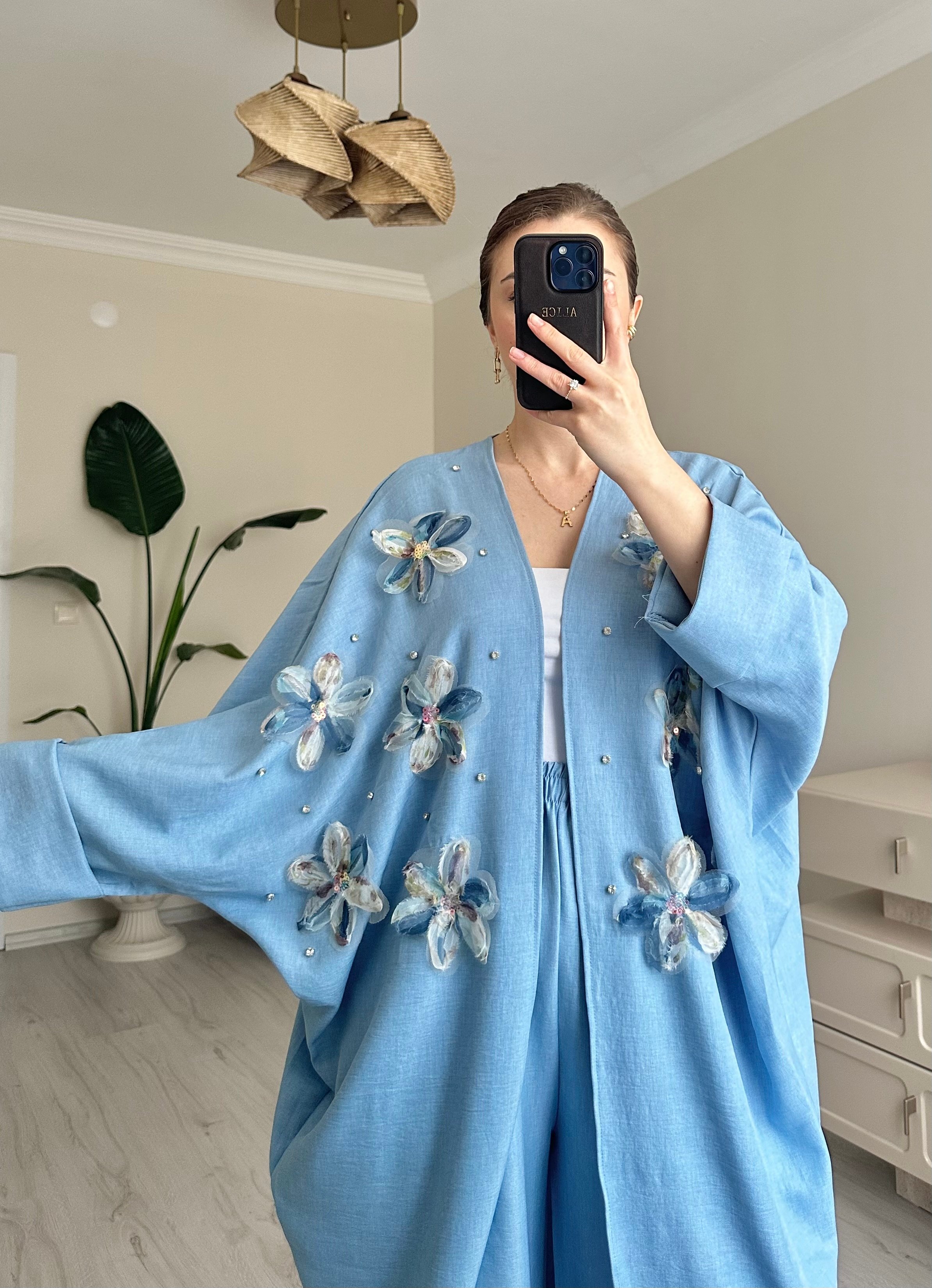 Çiçek Motif Detay Uzun Kimono Takım