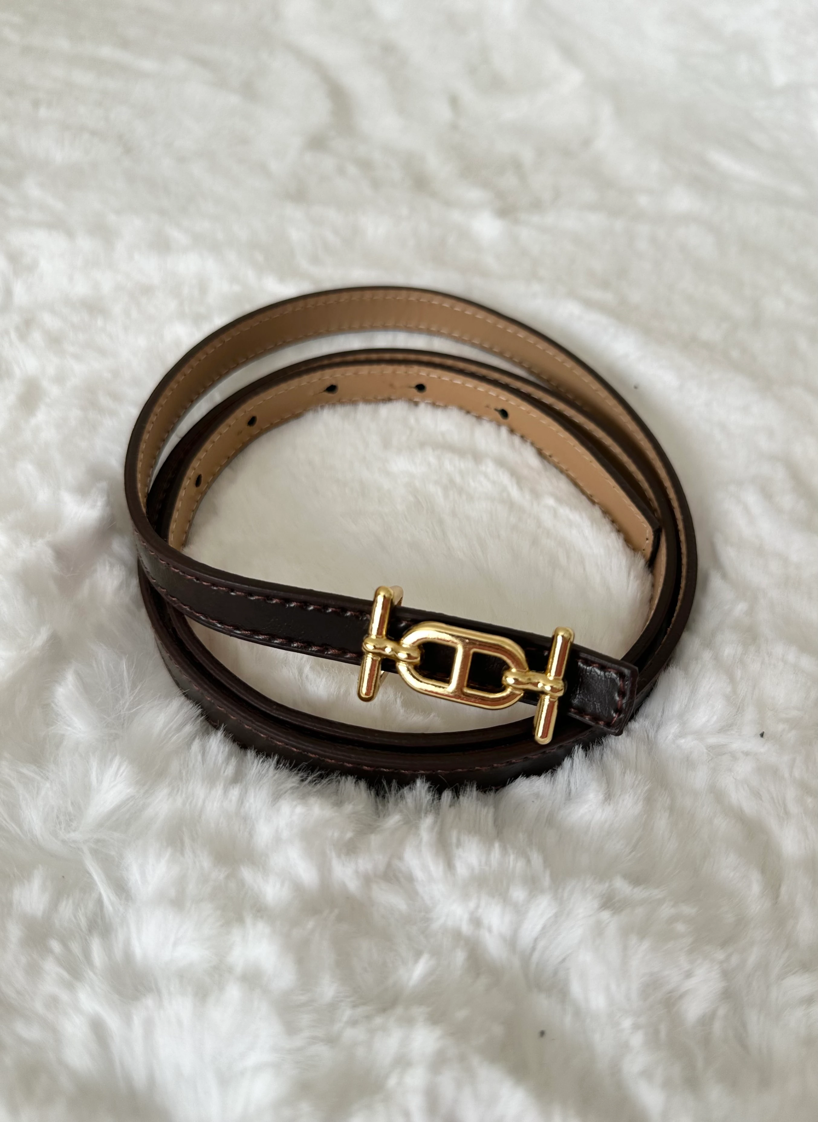 Desenli Gold Tokalı İnce Kemer - Koyu Kahve