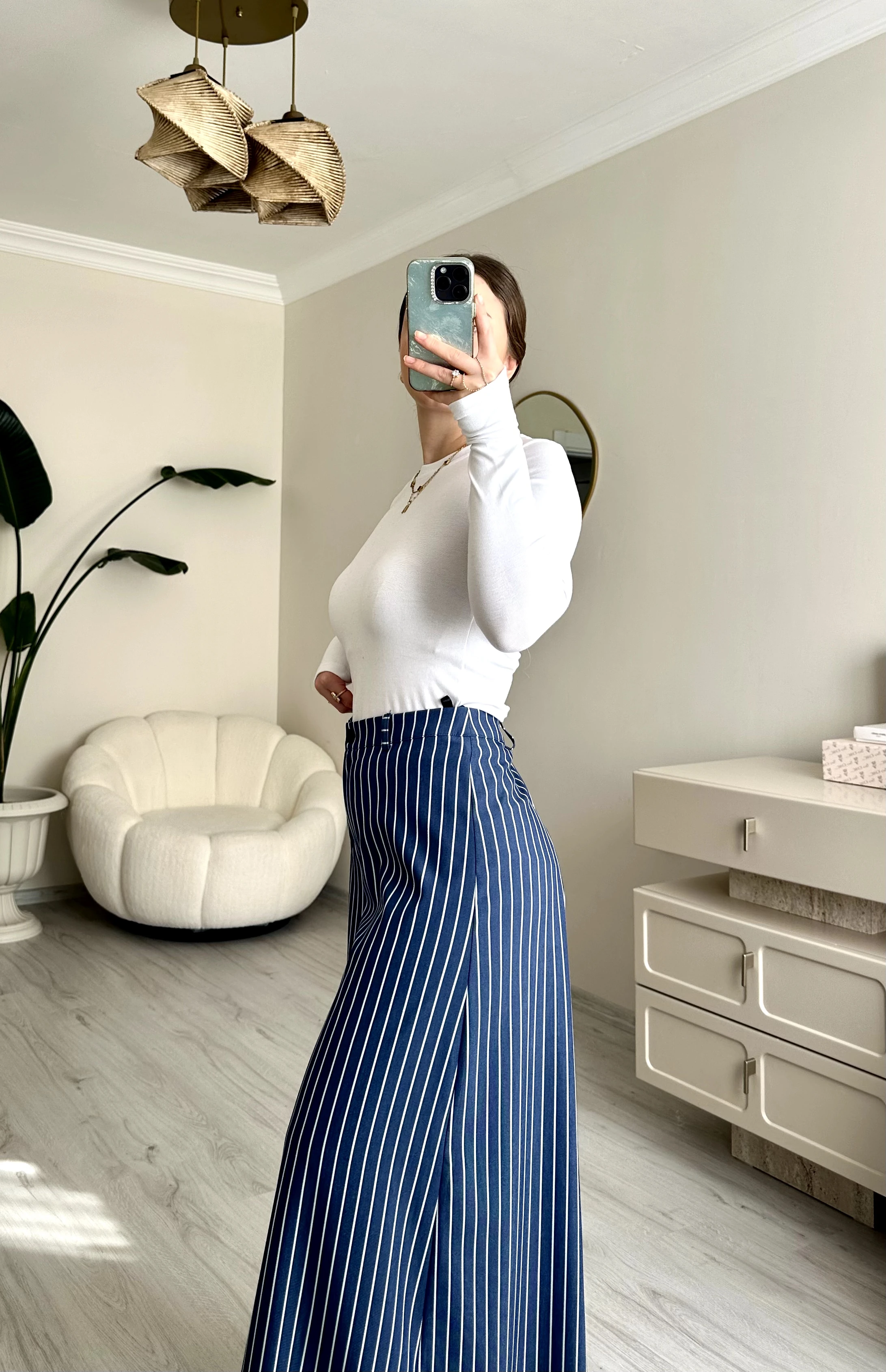 Premium Çizgili Sim Detay Maxi Paça Etekli Pantolon