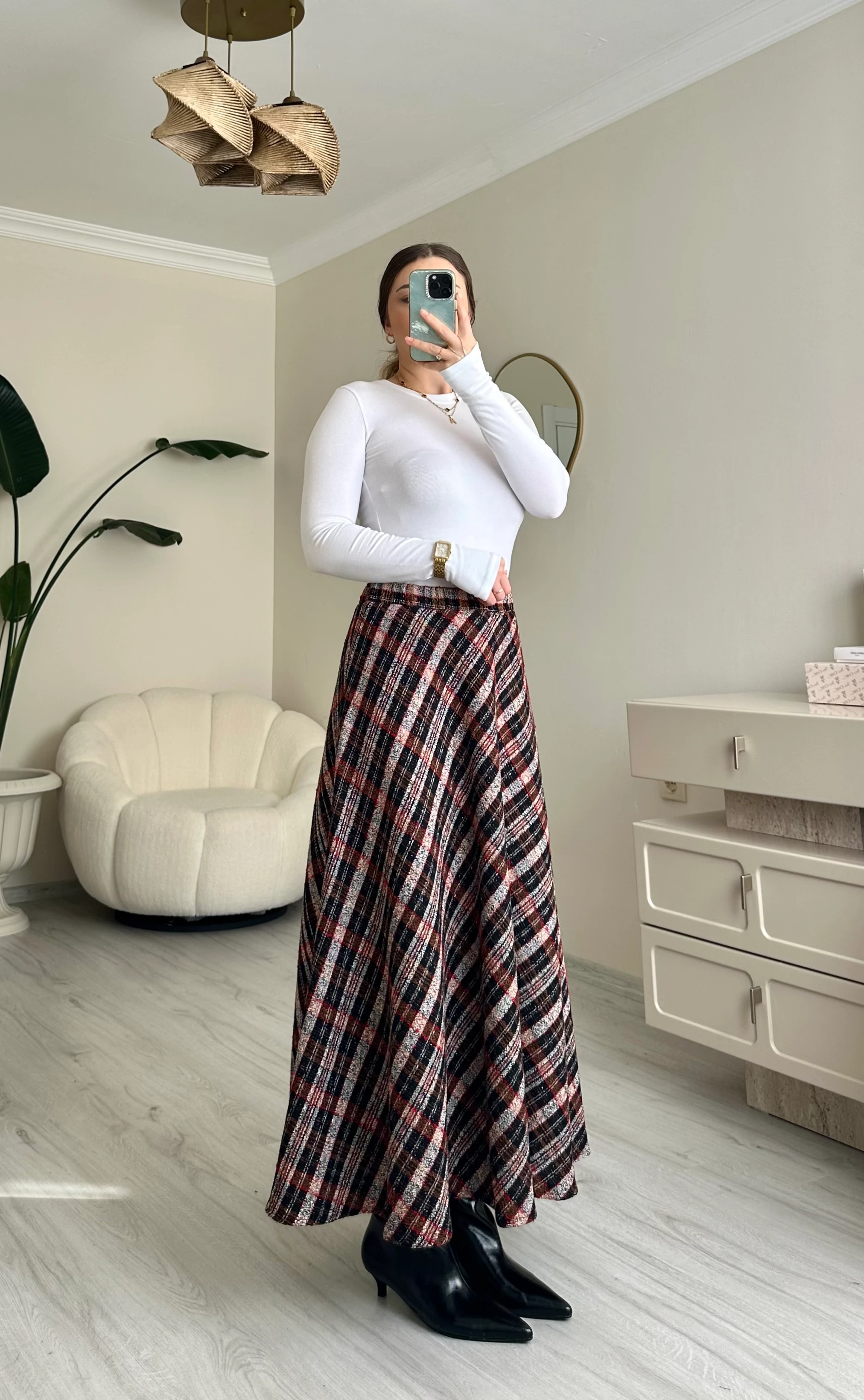 Şanel Kumaş Ekoseli Kloş Etek