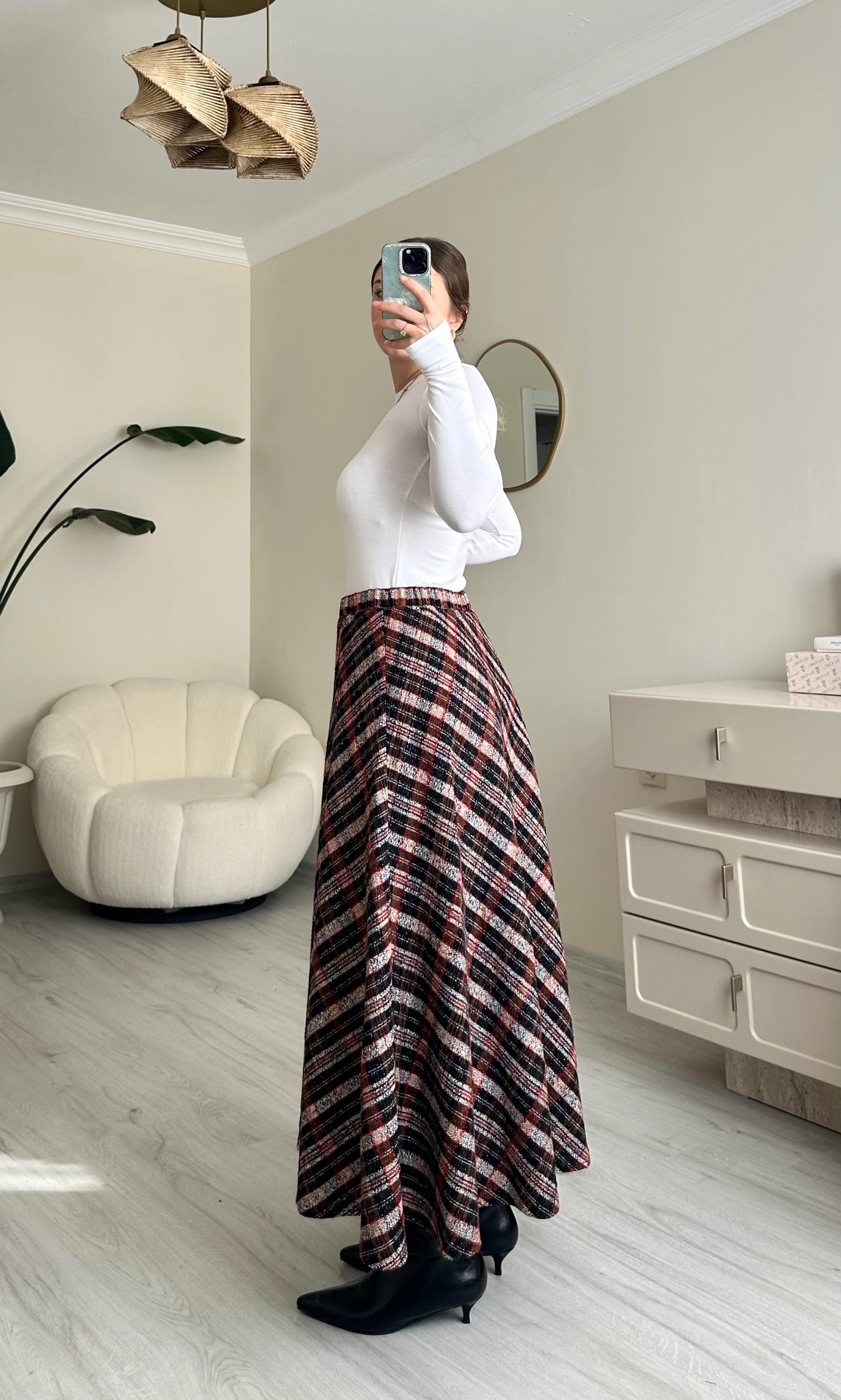 Şanel Kumaş Ekoseli Kloş Etek