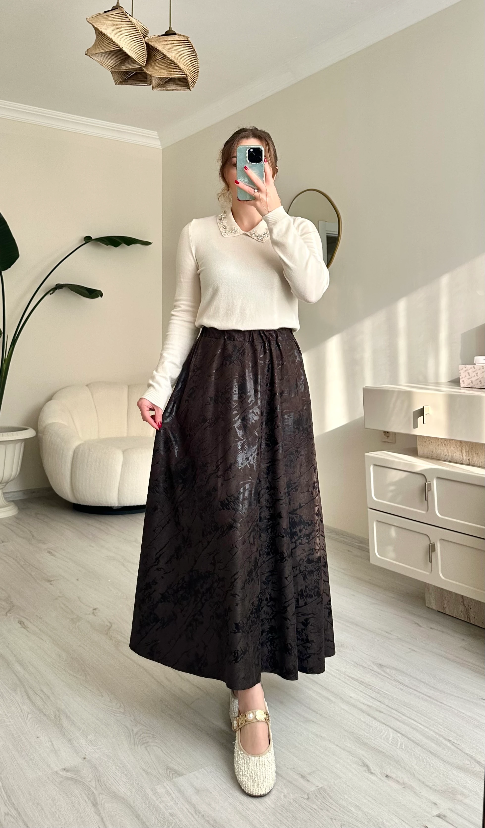 Jakarlı Beli Lastikli Desenli Kloş Etek - Siyah-Koyu Kahve