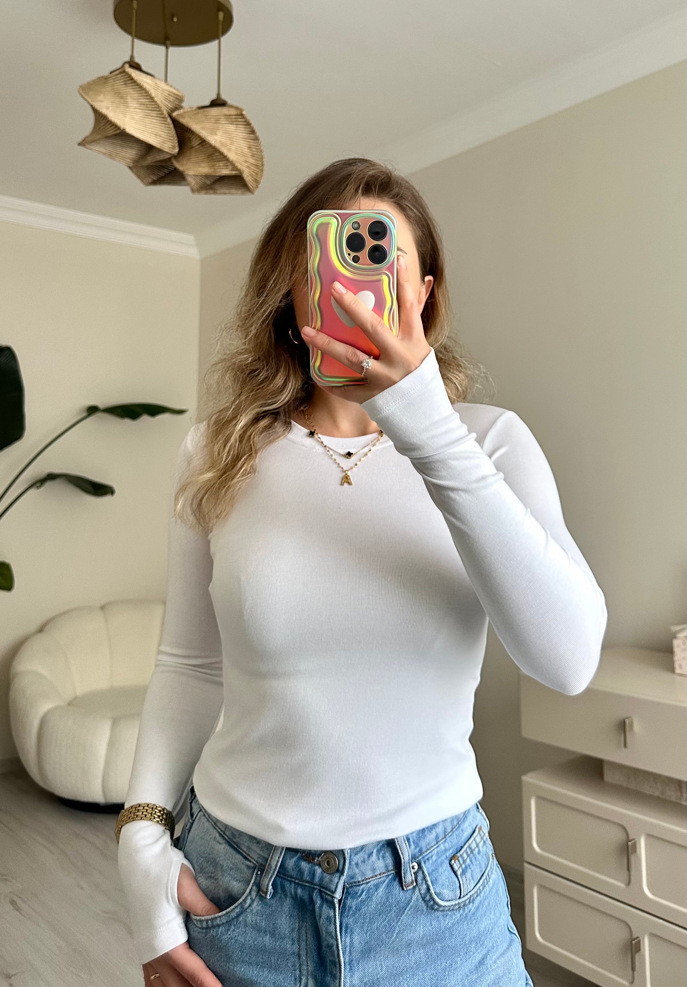 Uzun Kol Likralı Parmak Geçmeli Slim Body - Beyaz