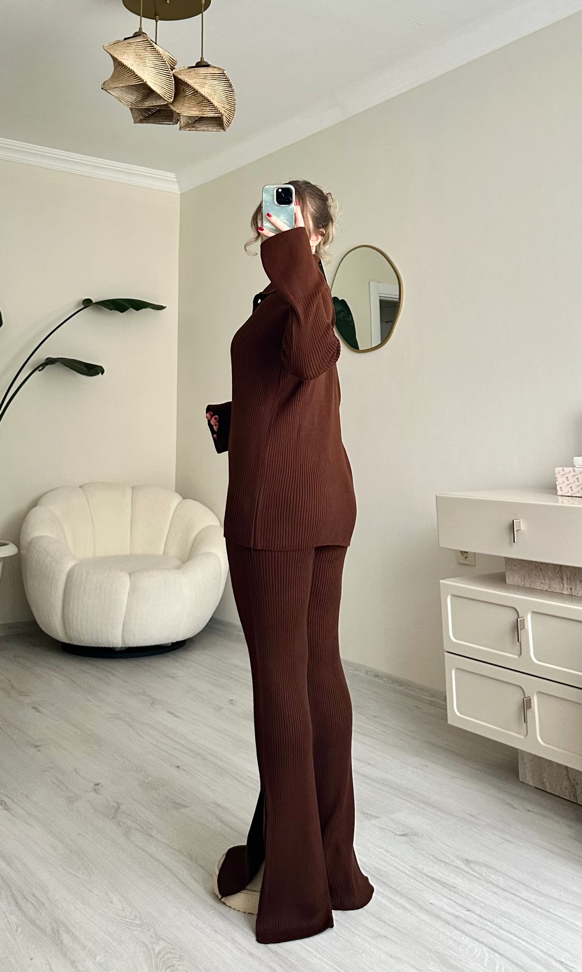 Düğmeli Triko Acı Kahve Takım