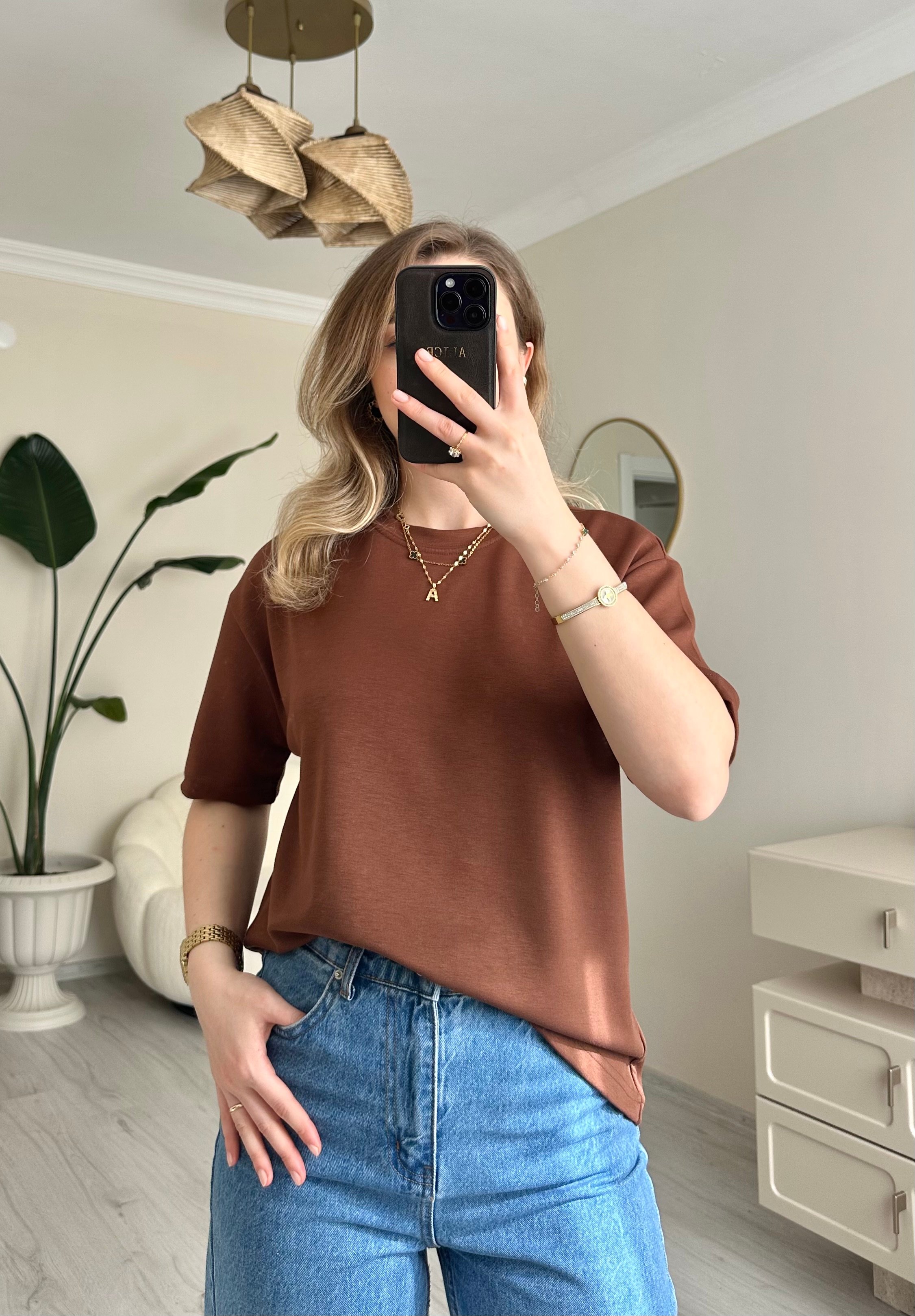 Modal Kumaş Soft Oversize Tişört - Acı Kahve