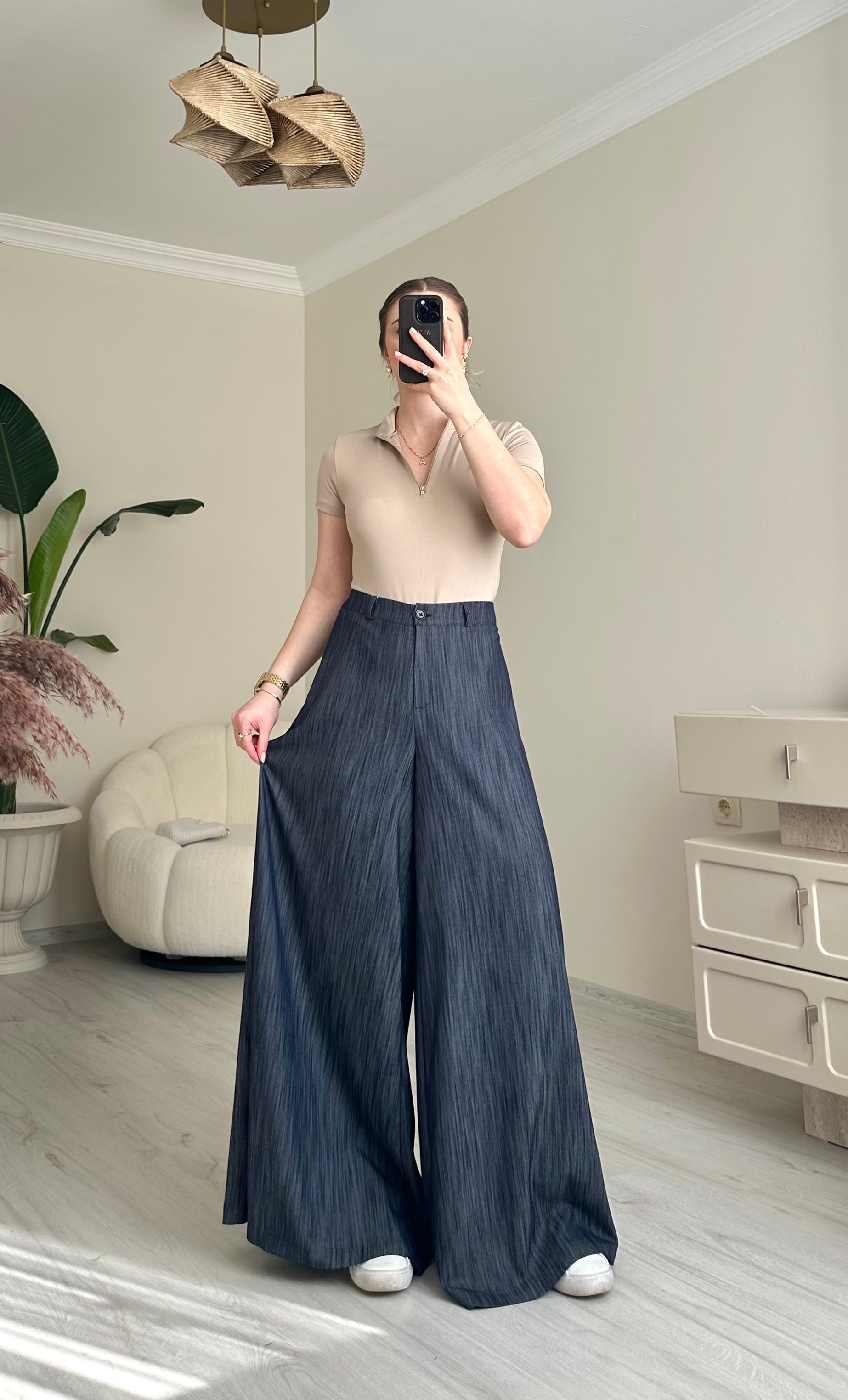 Tensel Lacivert Desenli Maxi Bol Paça Pantolon