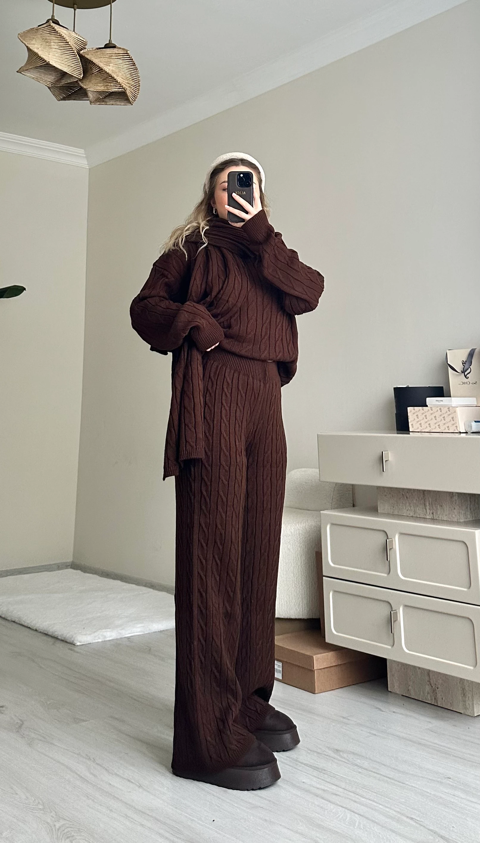 Şallı Saç Örgülü Pantolon Takım