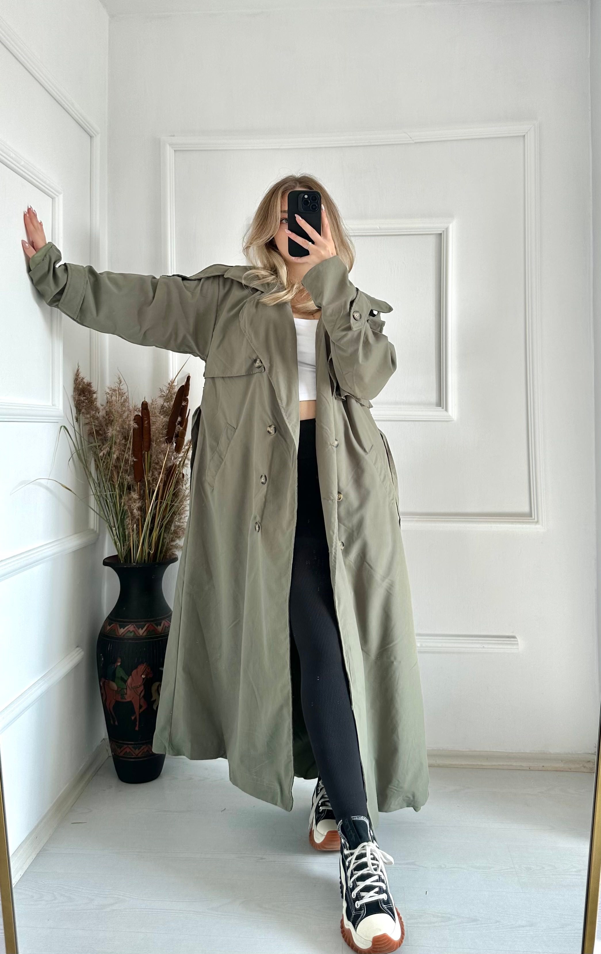 Ellie ZR Sırt Detay Oversize Trençkot - Haki