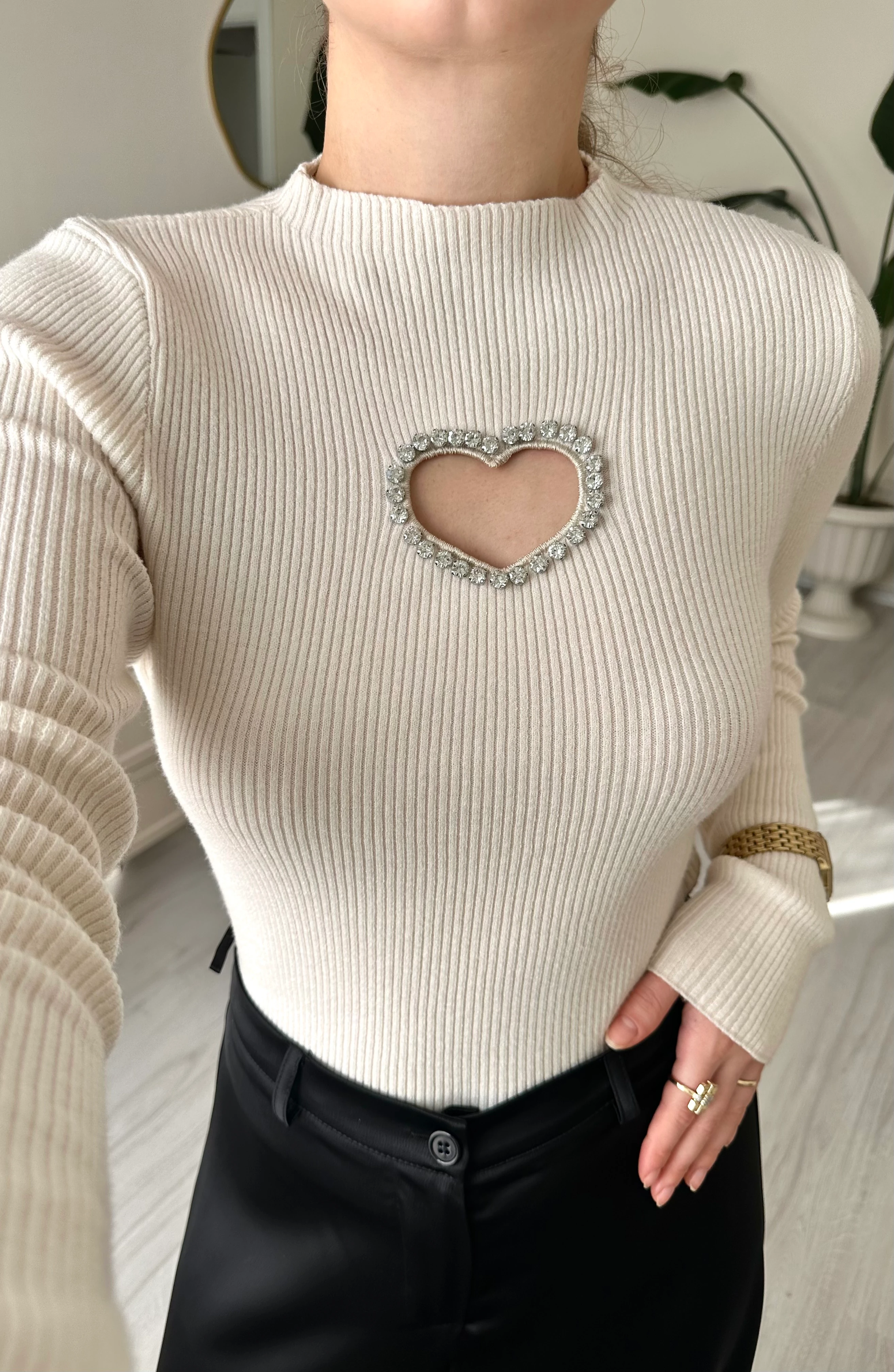 Taşlı Kalp Detay Soft Touch Fitilli Kazak