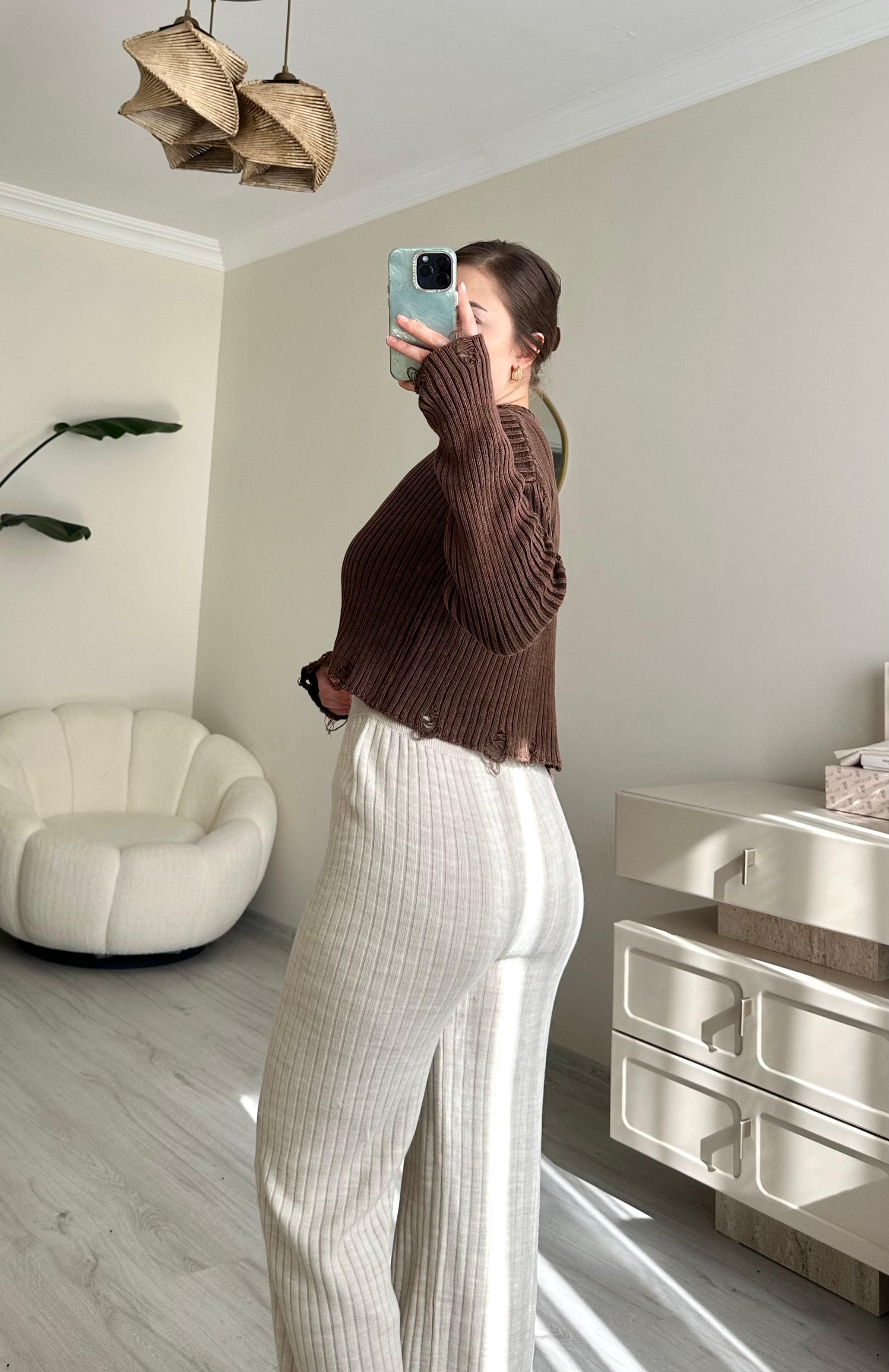 Fitilli Triko Likralı Krem Pantolon