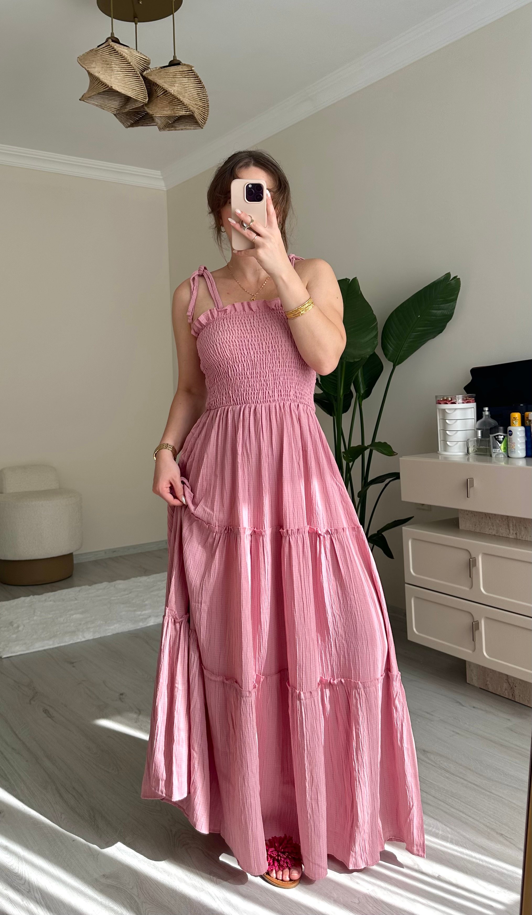 Gofre Kumaş Askılı Elbise
