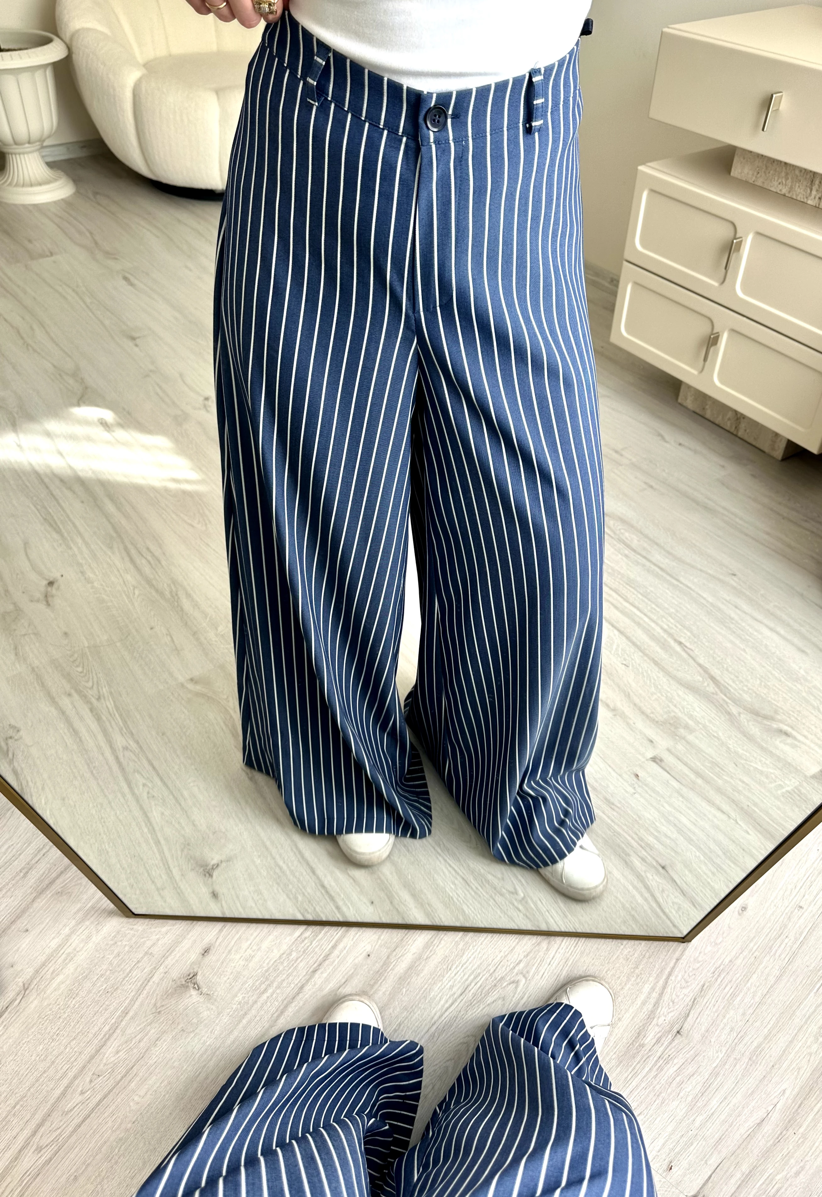 Premium Çizgili Sim Detay Maxi Paça Etekli Pantolon