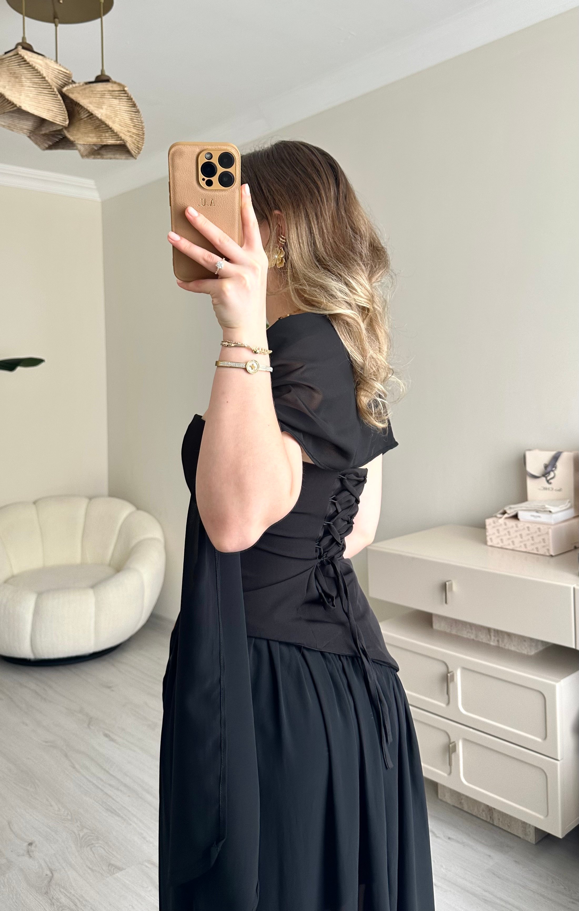 Straplez Siyah Fularlı Maxi Elbise