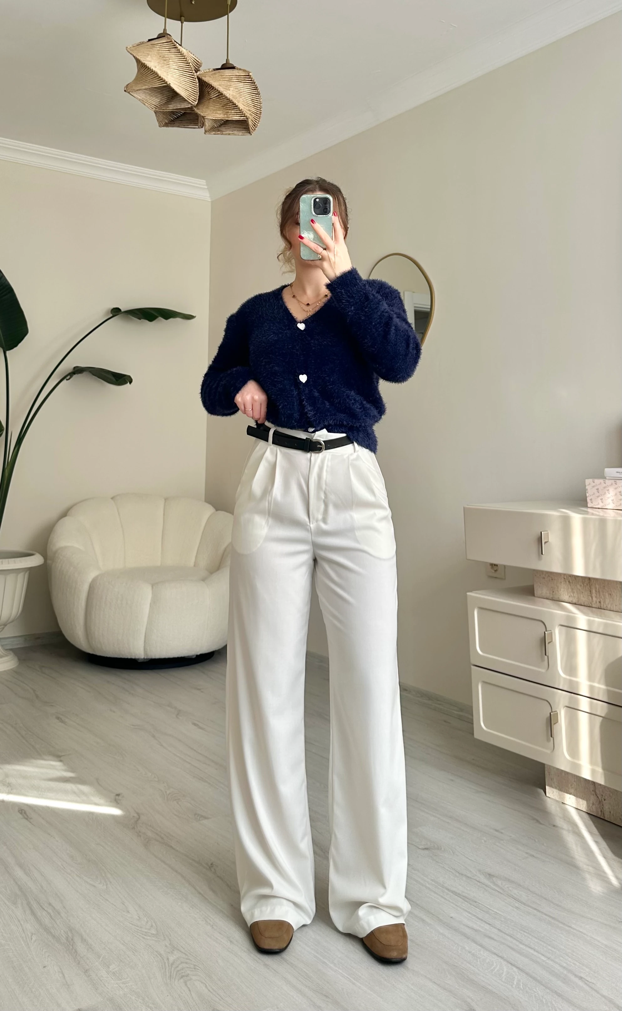 Kemerli Pile Detay Palazzo Pantolon - Beyaz