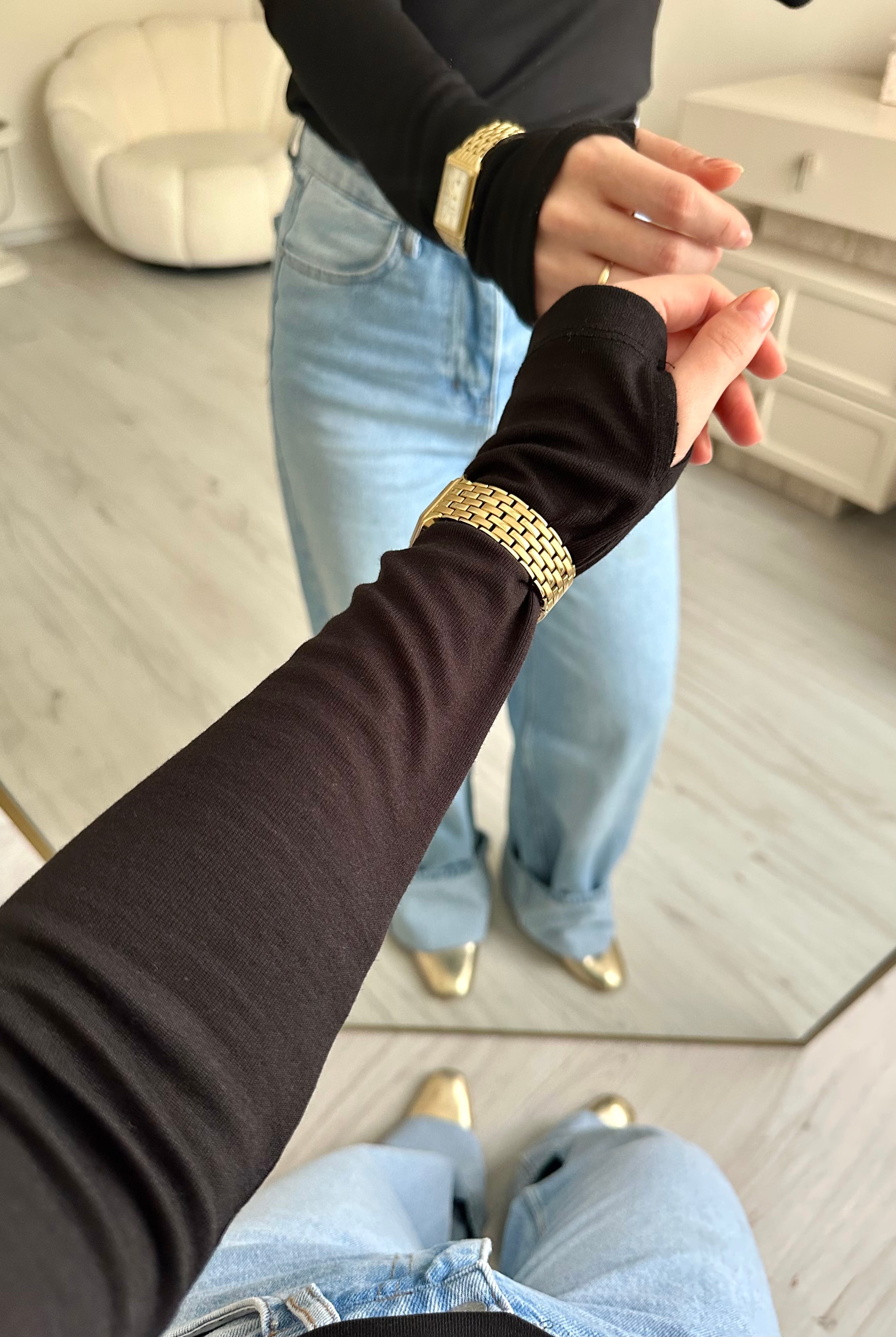 Uzun Kol Likralı Parmak Geçmeli Slim Body