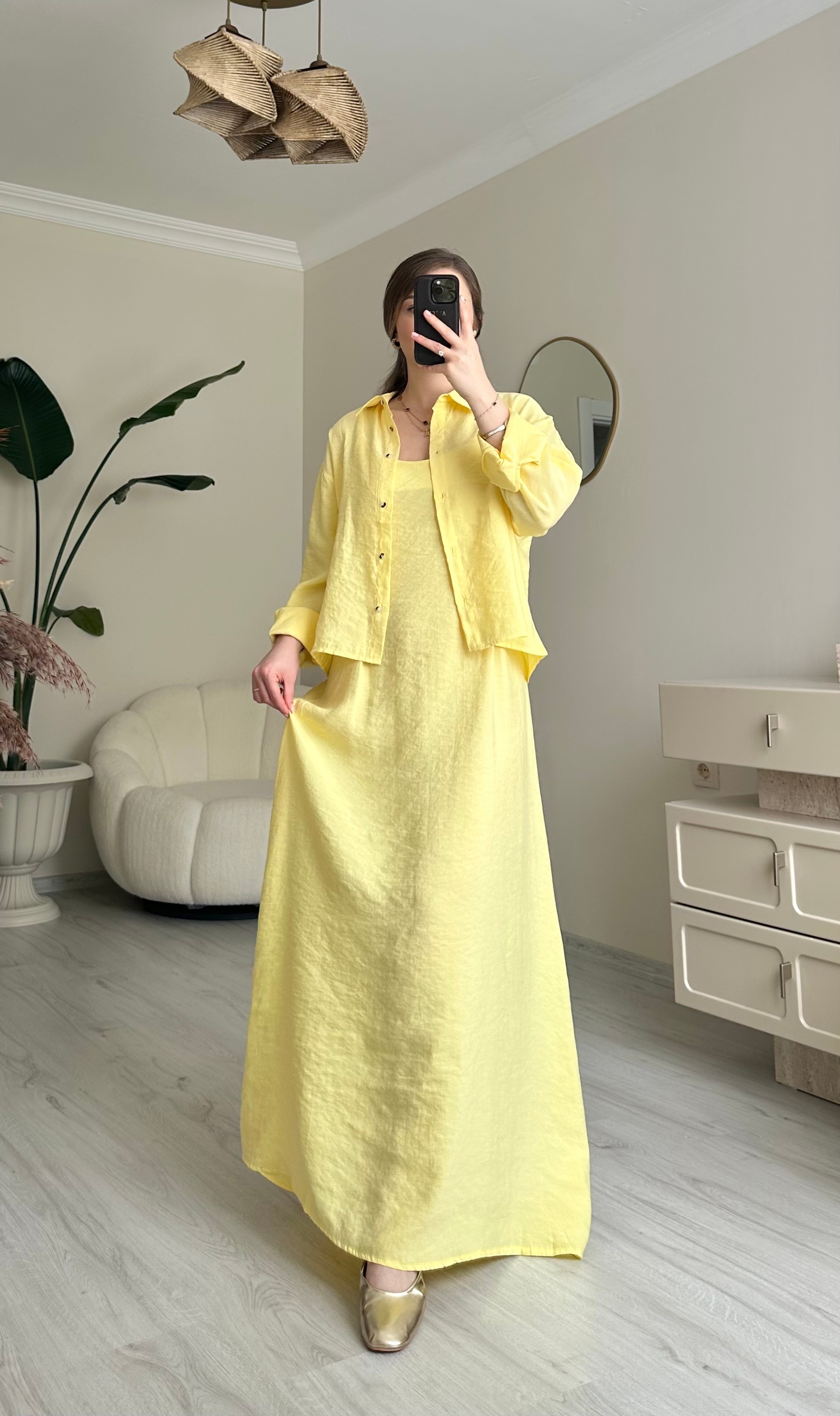 Noya Tensel Kumaş Elbise Gömlek Takım - Soft Sarı