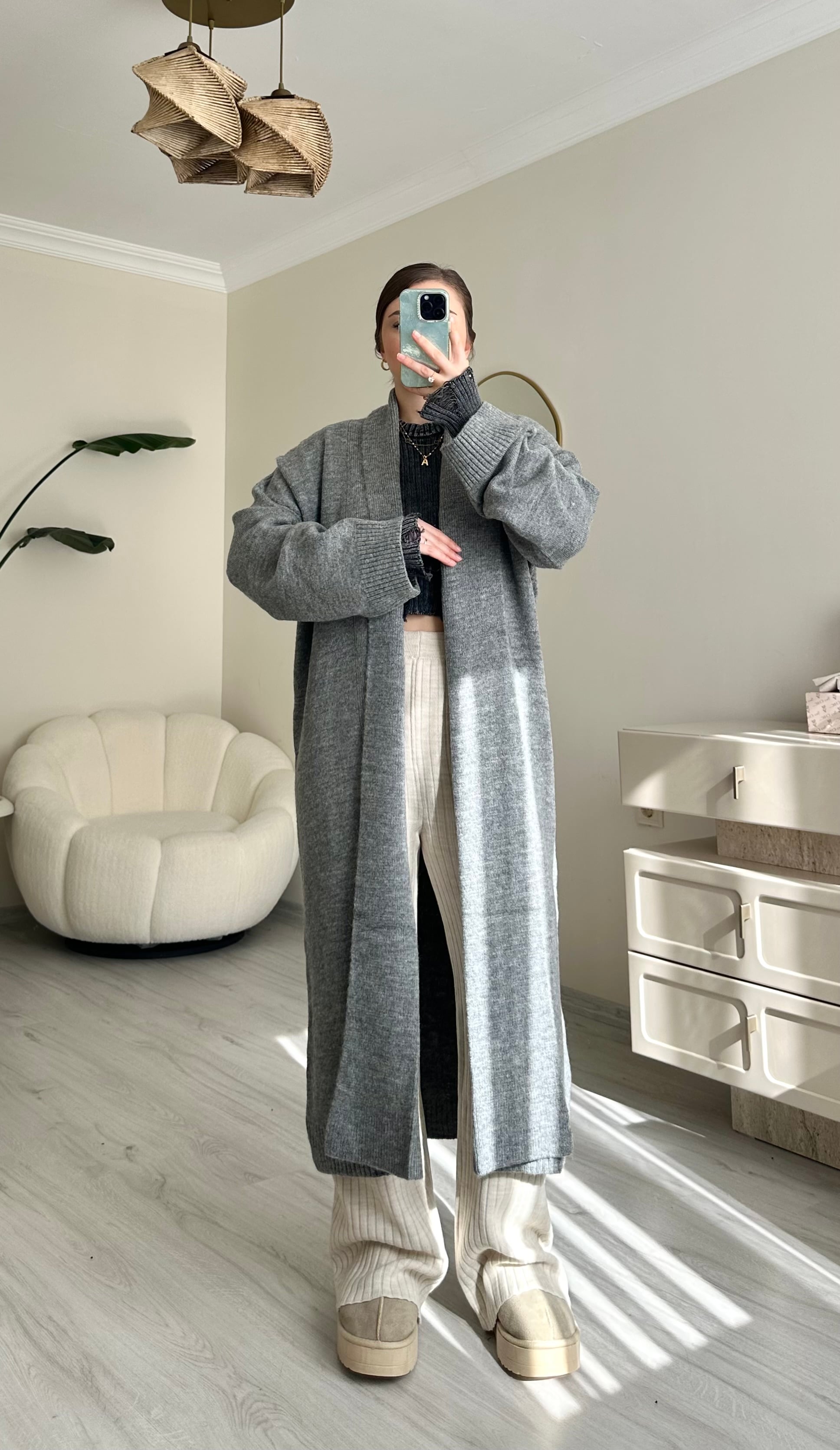 Premium Şal Yaka Oversize Maxi Boy Hırka - Gri