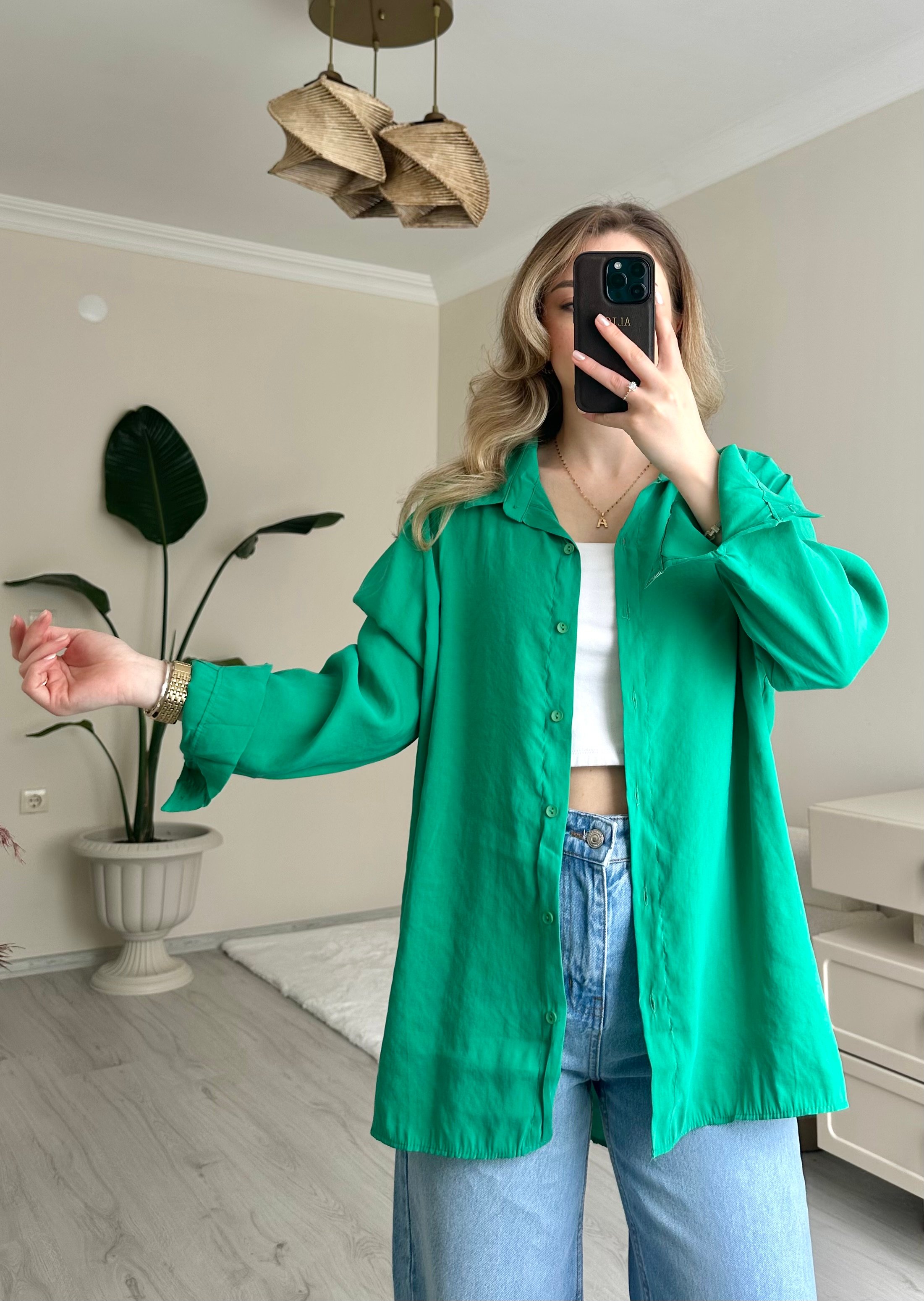 Bennetton Yeşili Tensel Oversize Tiril Gömlek