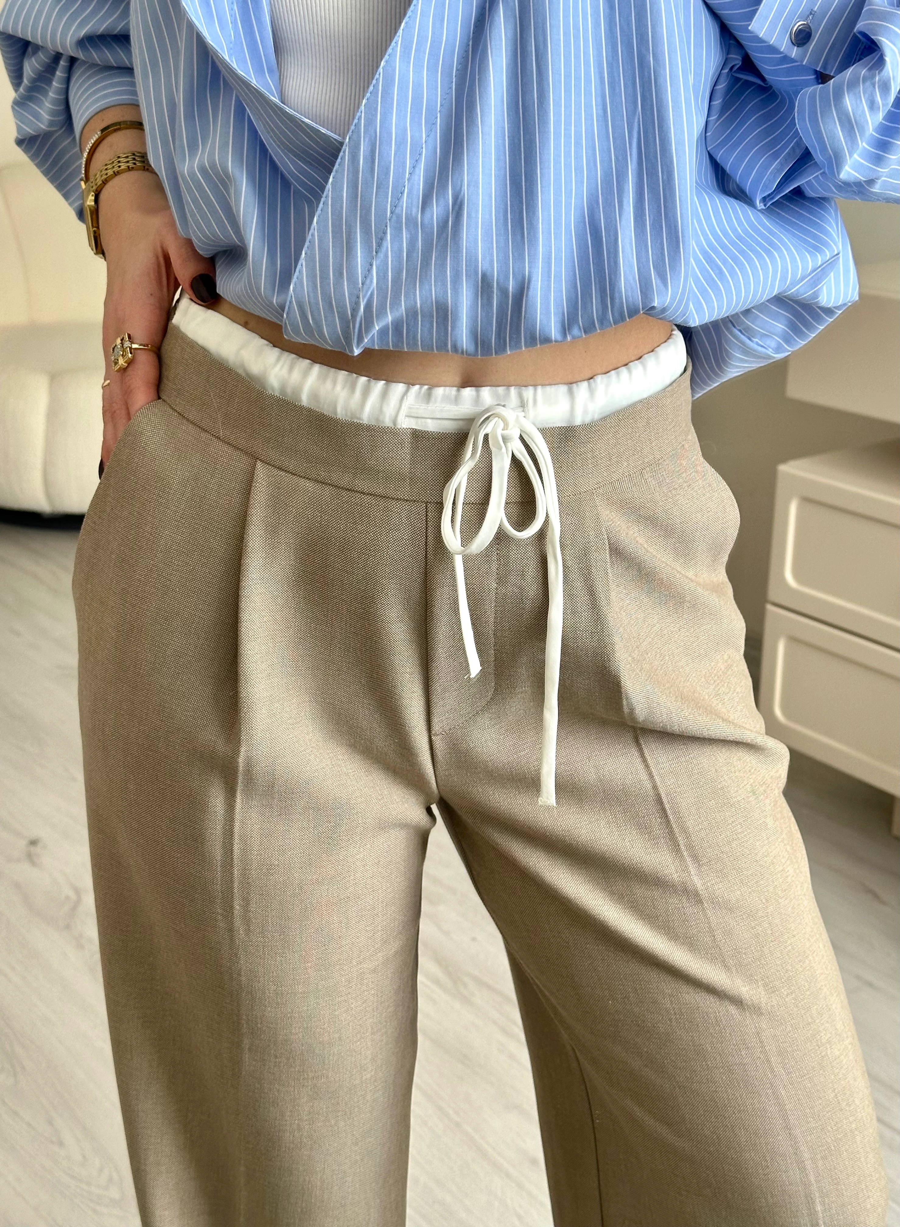 Premium Bel Detay Bağcıklı Palazzo Pantolon