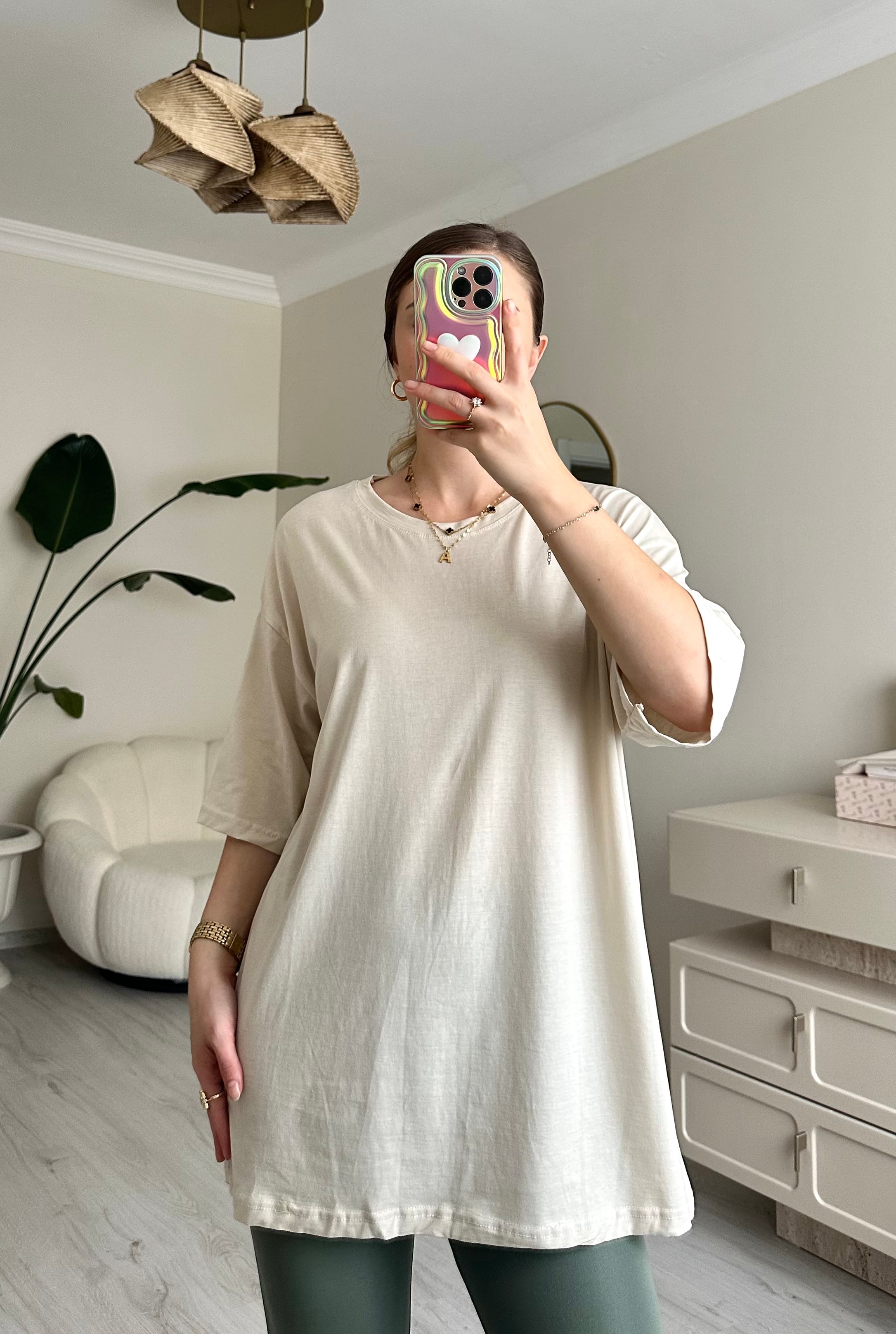 Oversize Kalıp Unisex Tişört - Krem