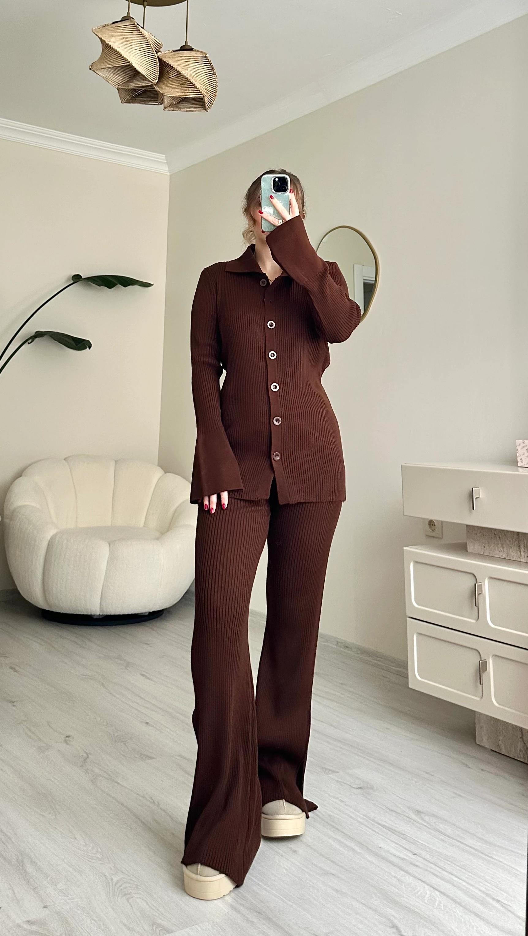 Düğmeli Triko Acı Kahve Takım