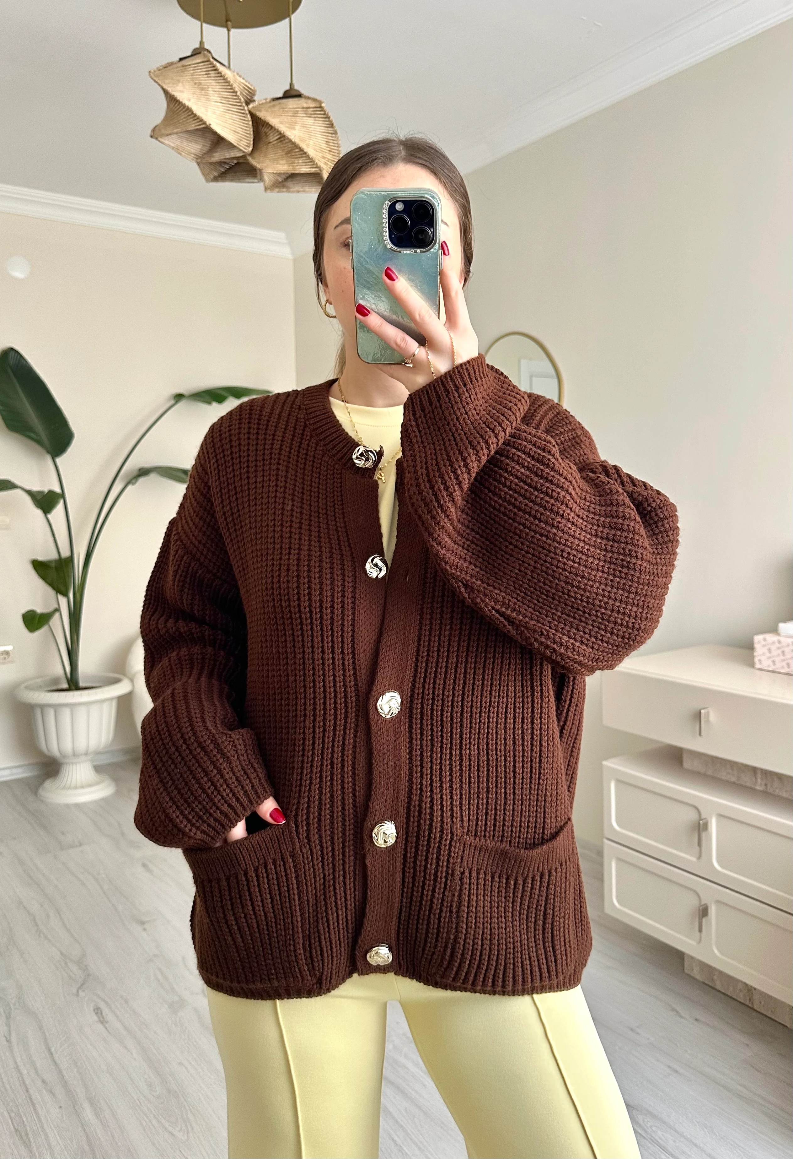 Örme Düğme Detay Oversize Hırka - Acı Kahve