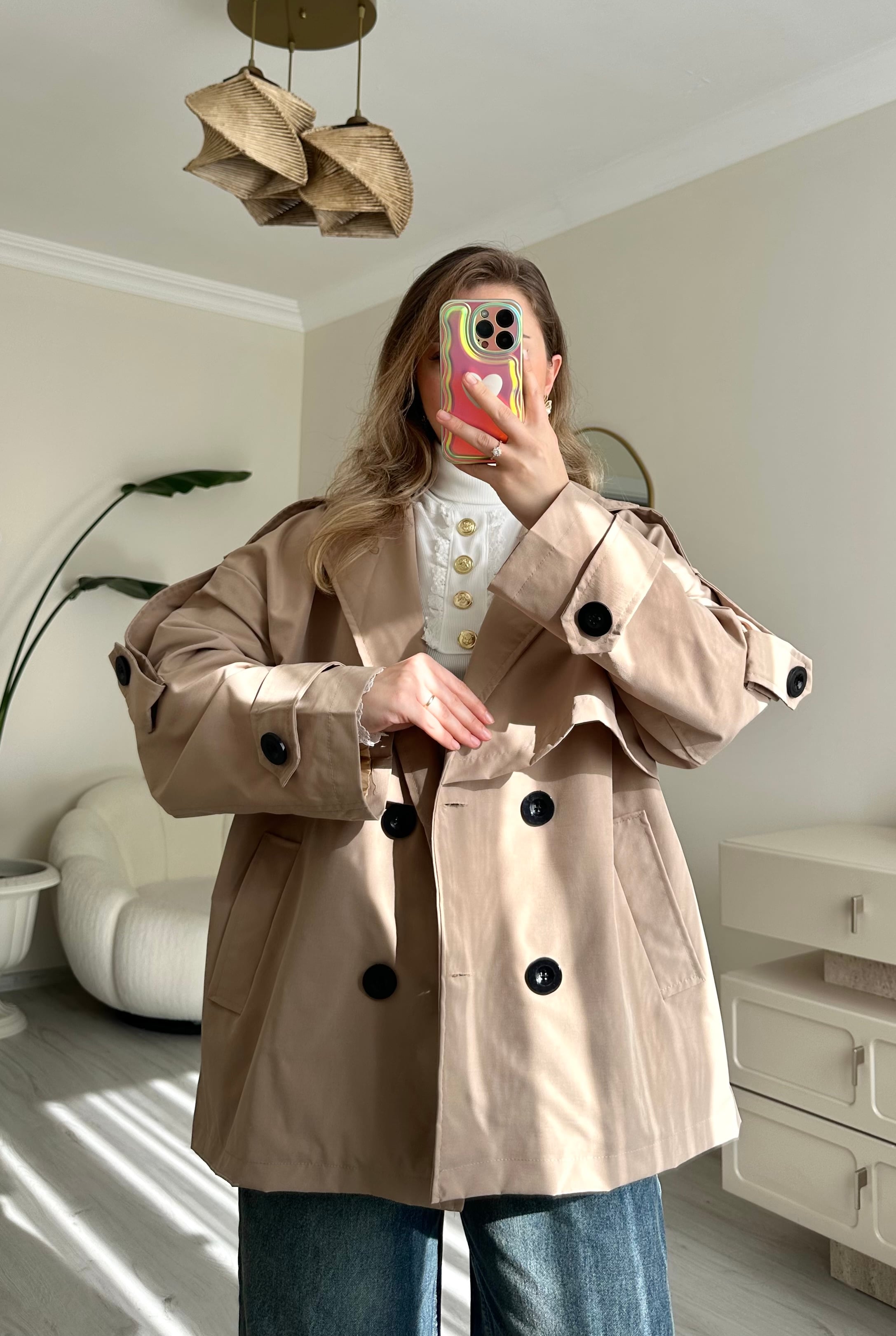 Premium Kuşaklı Oversize Kısa Trençkot