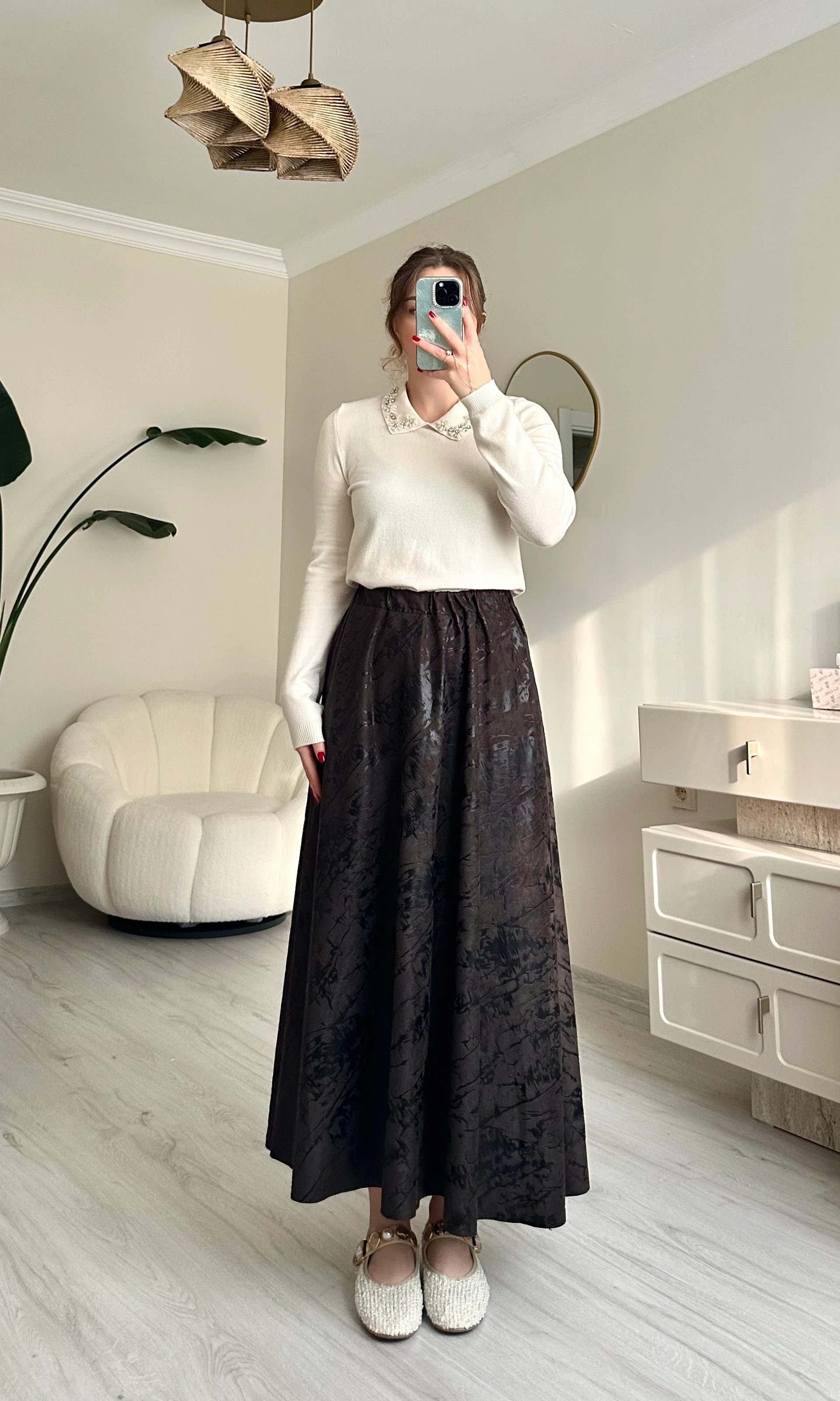 Jakarlı Beli Lastikli Desenli Kloş Etek