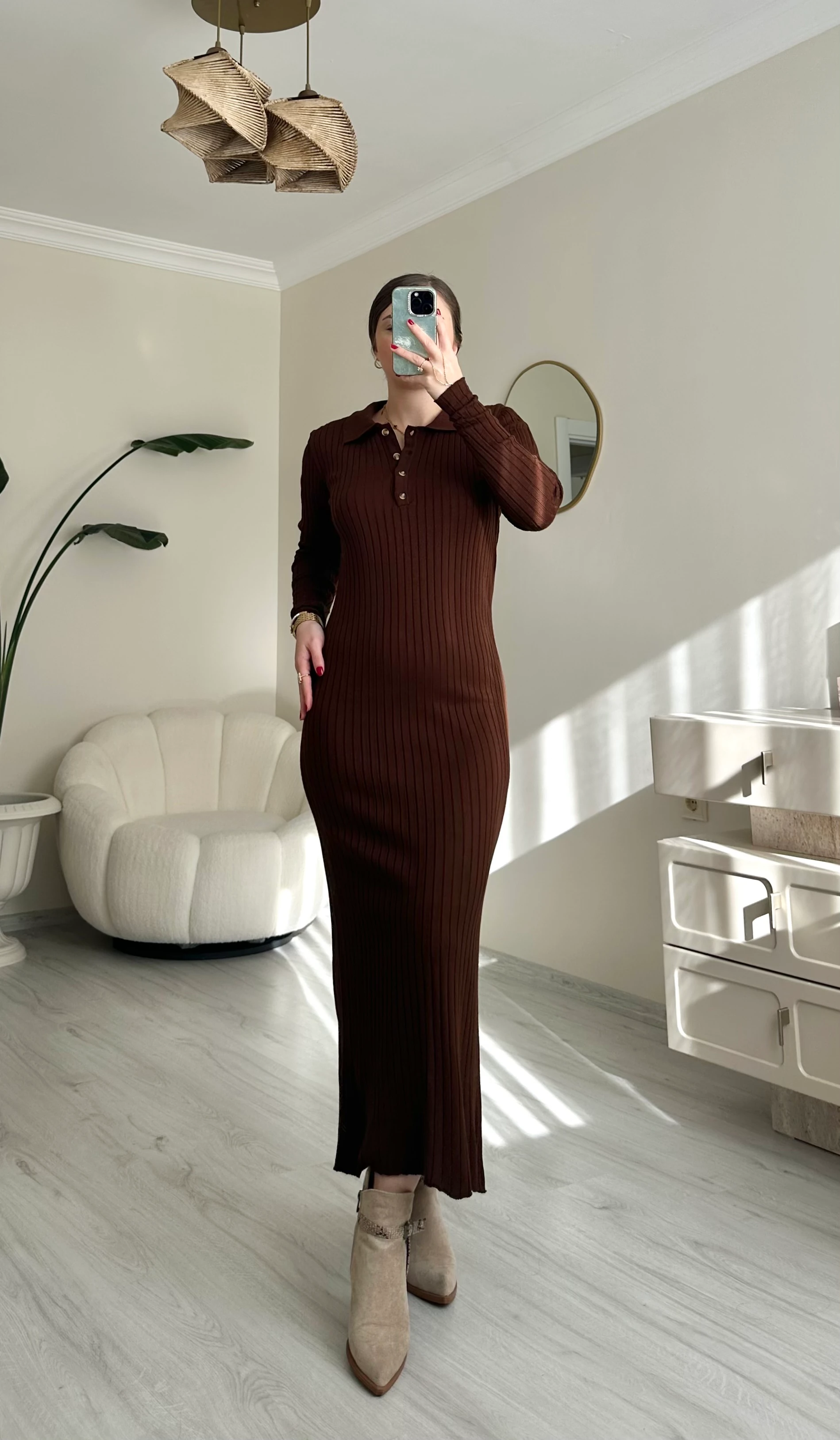 Polo Yaka Düğmeli Likralı Triko Elbise - Acı Kahve