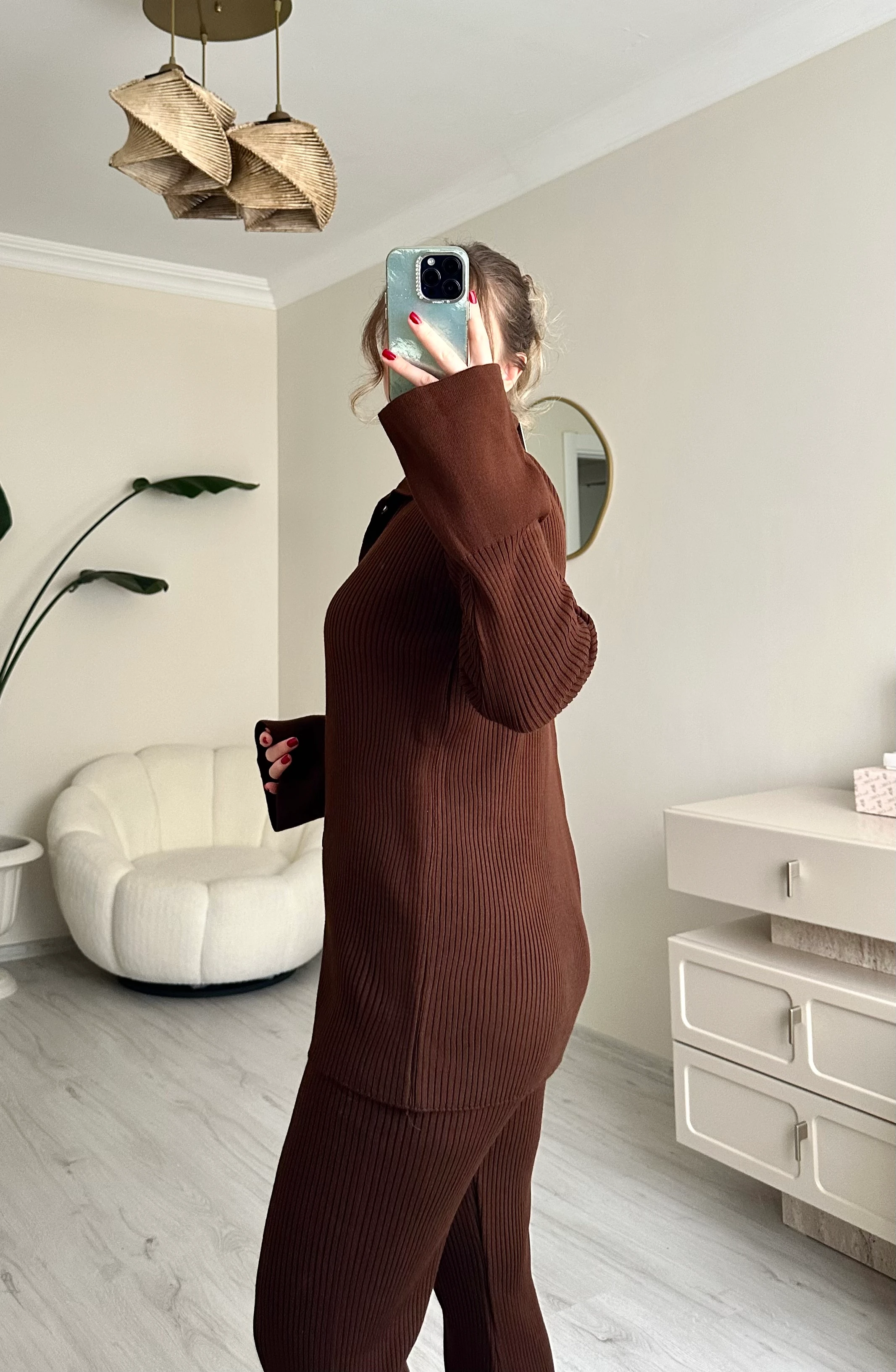 Düğmeli Triko Acı Kahve Takım