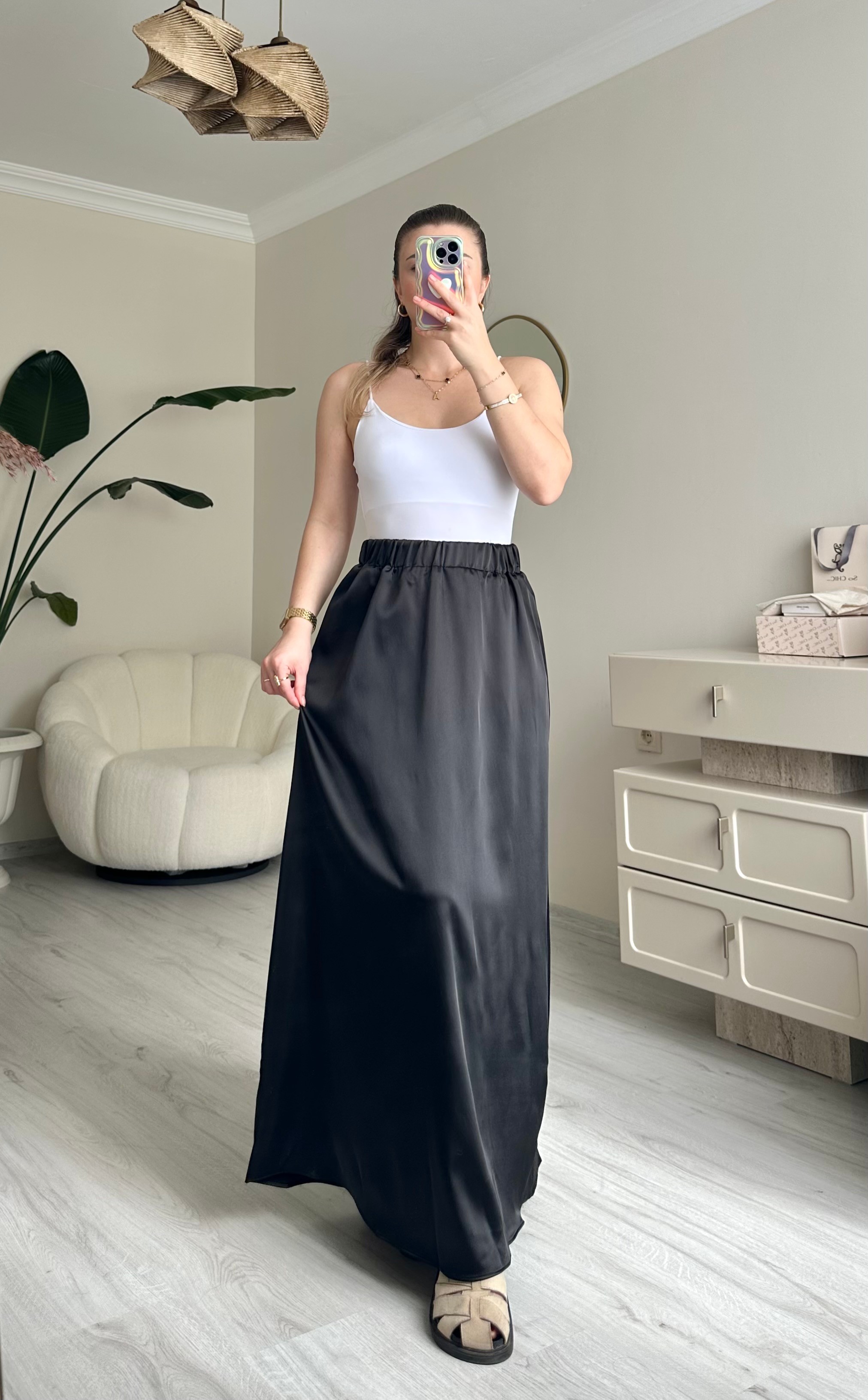 Saten Maxi Boy Beli Lastikli Etek - Siyah