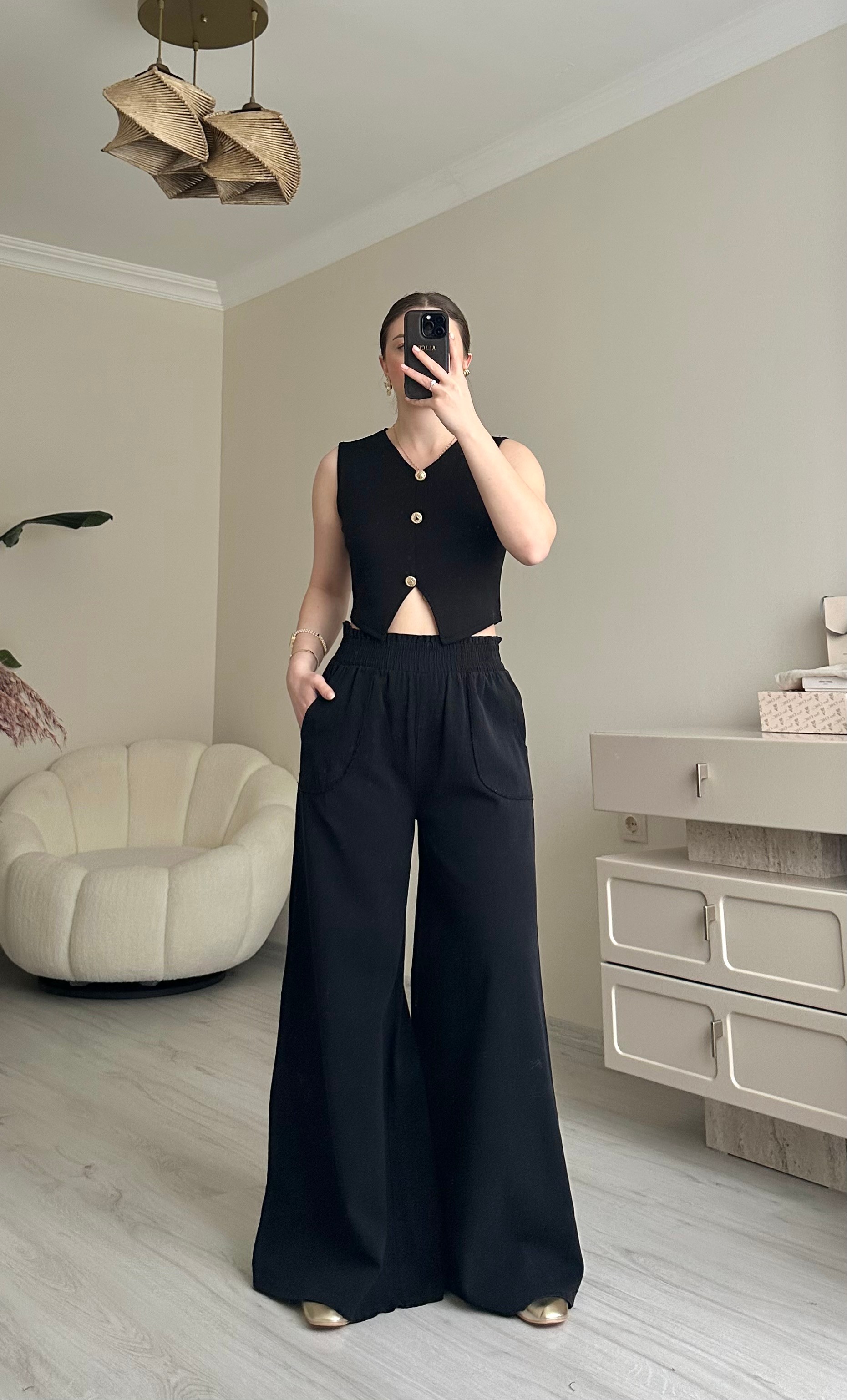 Gabardin Maxi Bol Paça Pantolon - Siyah