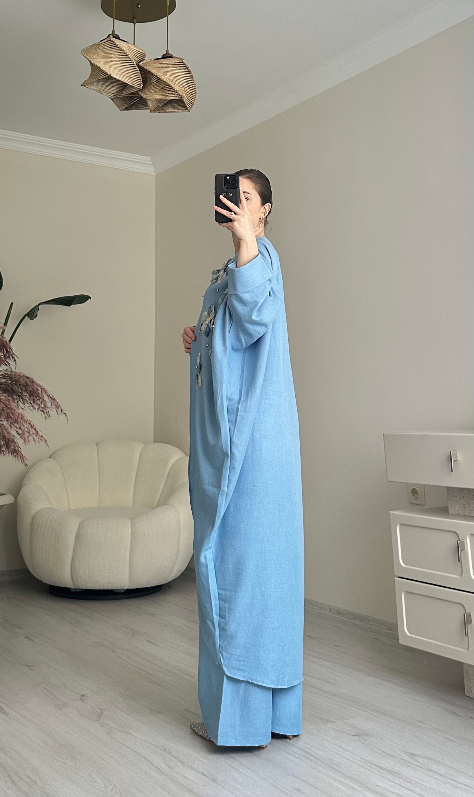 Çiçek Motif Detay Uzun Kimono Takım